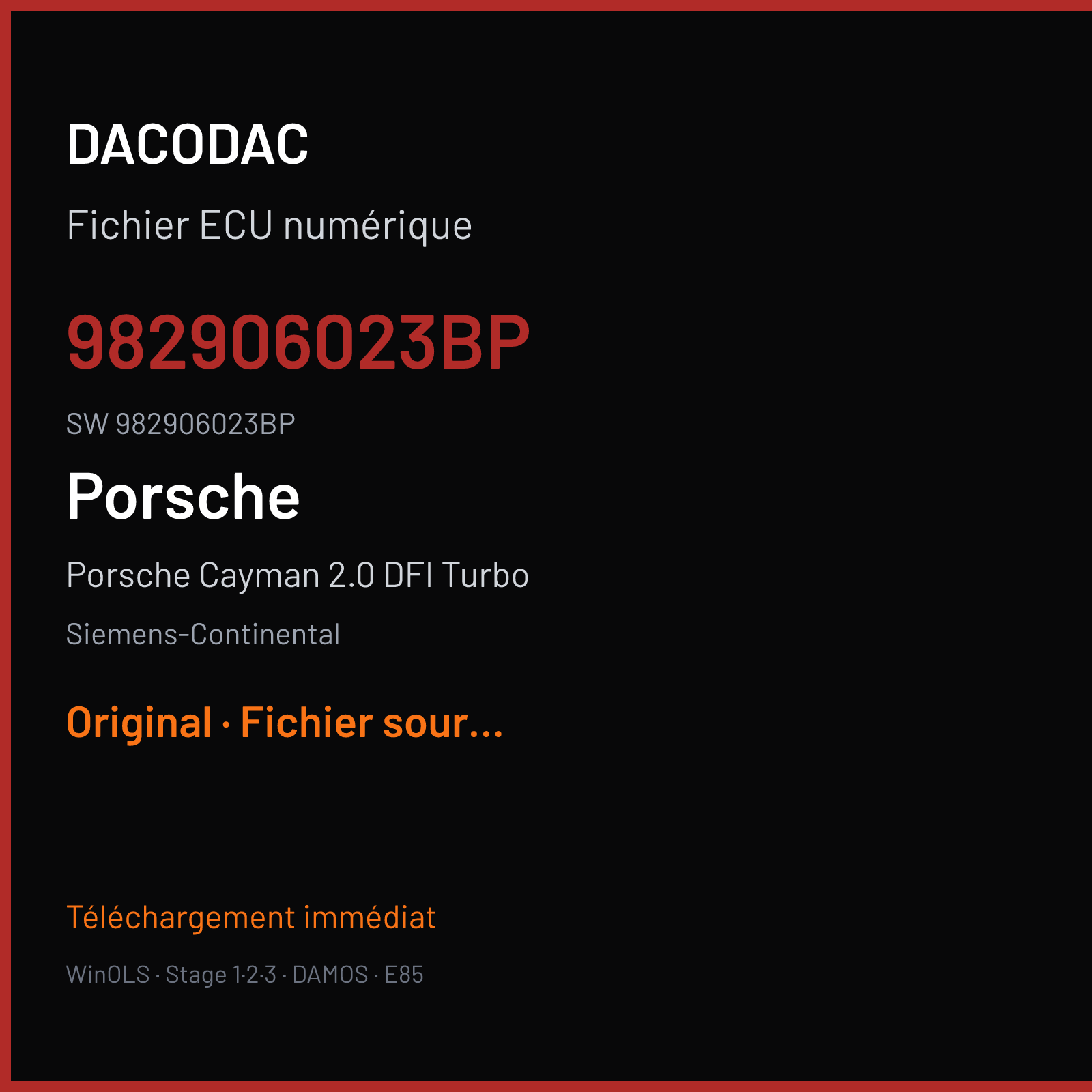 Porsche Cayman 2.0 DFI Turbo 300 ch (2017) — Siemens-Continental — 982906023BP · 982906023BP · W2100H0000000 SDI21 — Original
