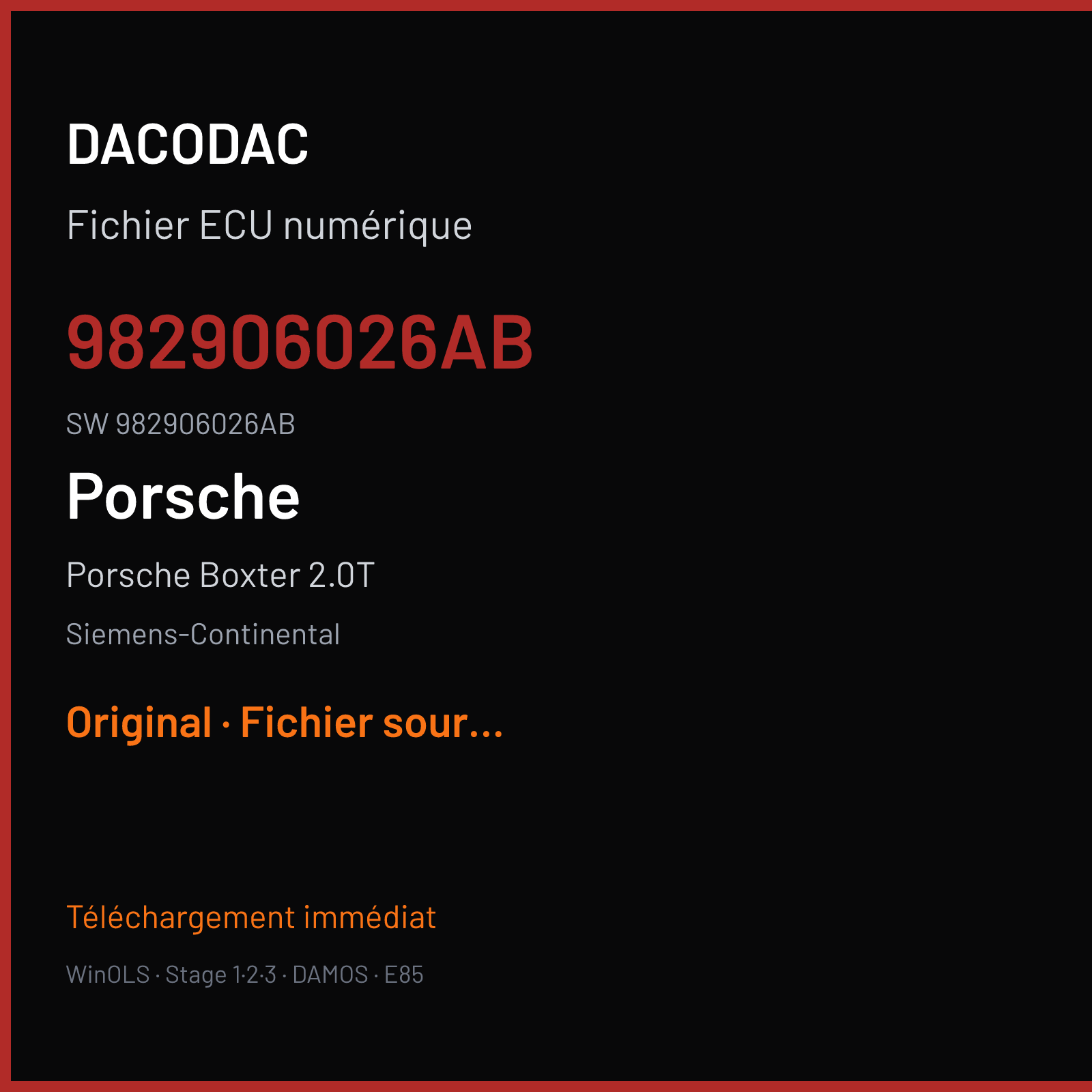 Porsche Boxter 2.0T 300 ch (2020) — Siemens-Continental — 982906026AB · 982906026AB · W2100R2000000 SDI21.1 — Original