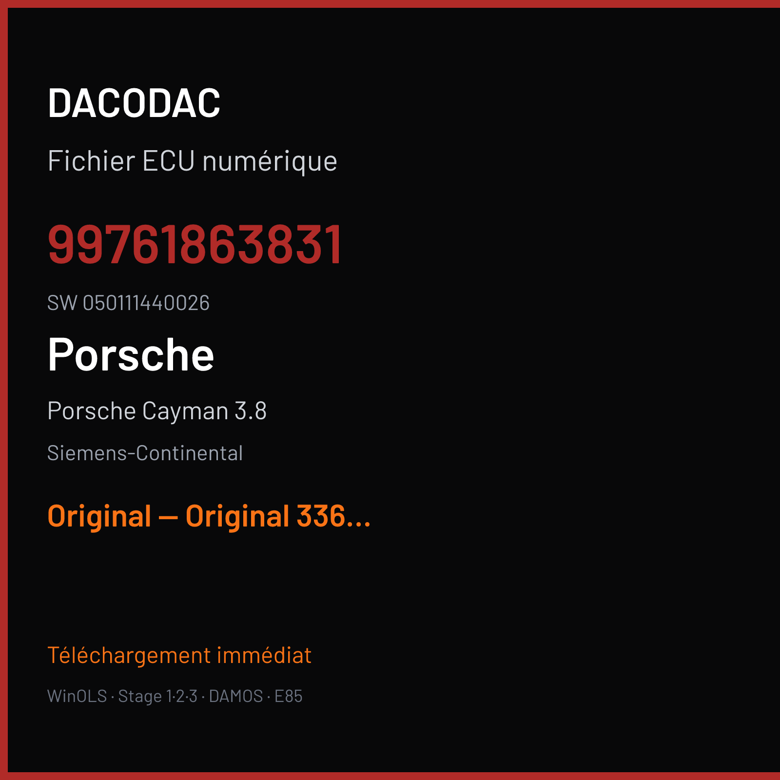 Porsche Cayman 3.8 (2008) — Siemens-Continental — 99761863831 · 050111440026 — Original — Original 336hp 391nm