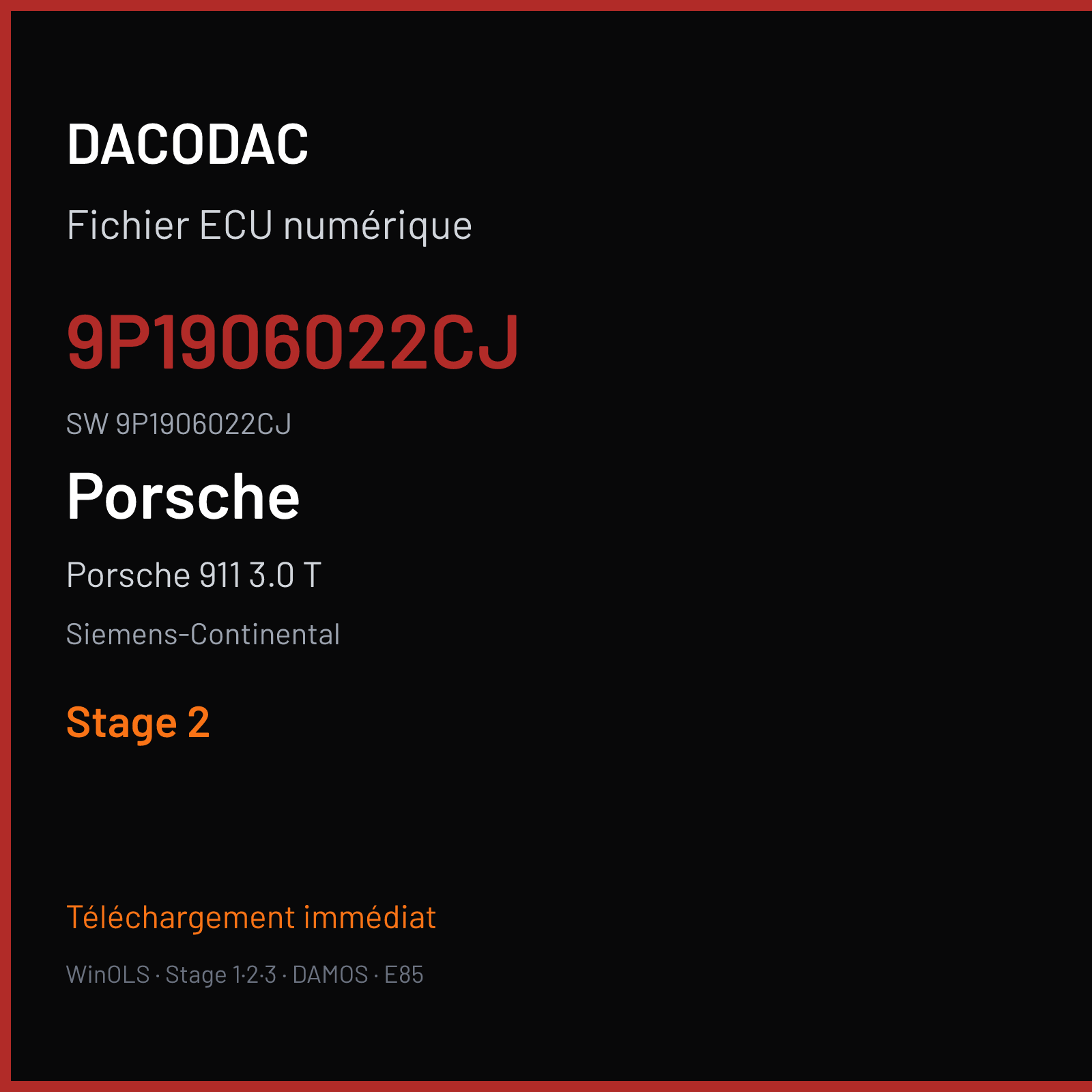 Porsche 911 3.0 T 370 ch — Siemens-Continental — 9P1906022CJ · 9P1906022CJ · W2200H2000000 SDI21 — Stage 2