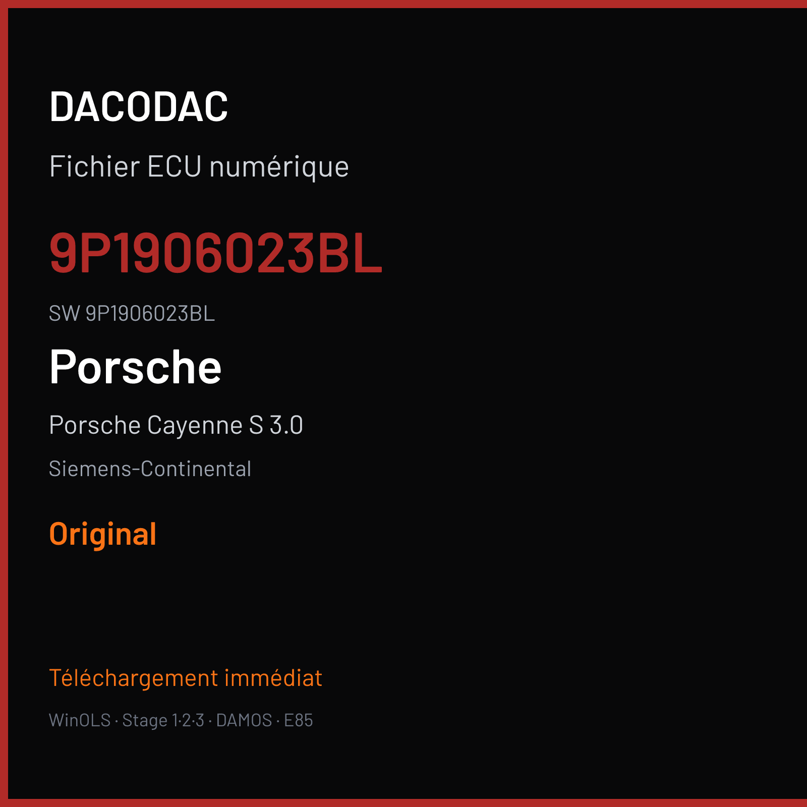 Porsche Cayenne S 3.0 420 ch — Siemens-Continental — 9P1906023BL · 9P1906023BL · W2200H0000000 SDI21.2 — Original