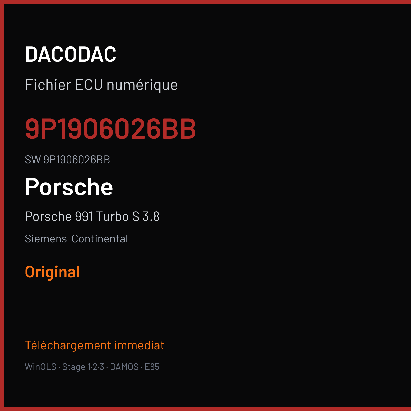 Porsche 991 Turbo S 3.8 580 ch (2017) — Siemens-Continental — 9P1906026BB · 9P1906026BB · W2300H0000000 SDI21 — Original