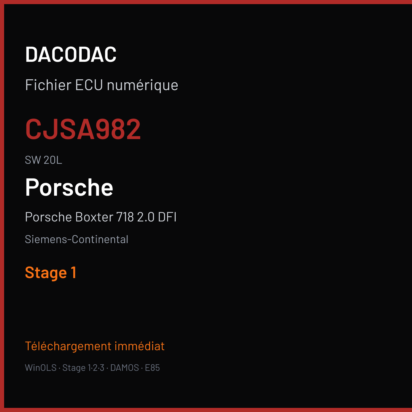 Porsche Boxter 718 2.0 DFI 300 ch (2017) — Siemens-Continental — CJSA982 · 20L · B4T EU5 PDK xxxxx 982906023BM W21H00 20R5D31 W2100H0000000 SDI21 — Stage 1
