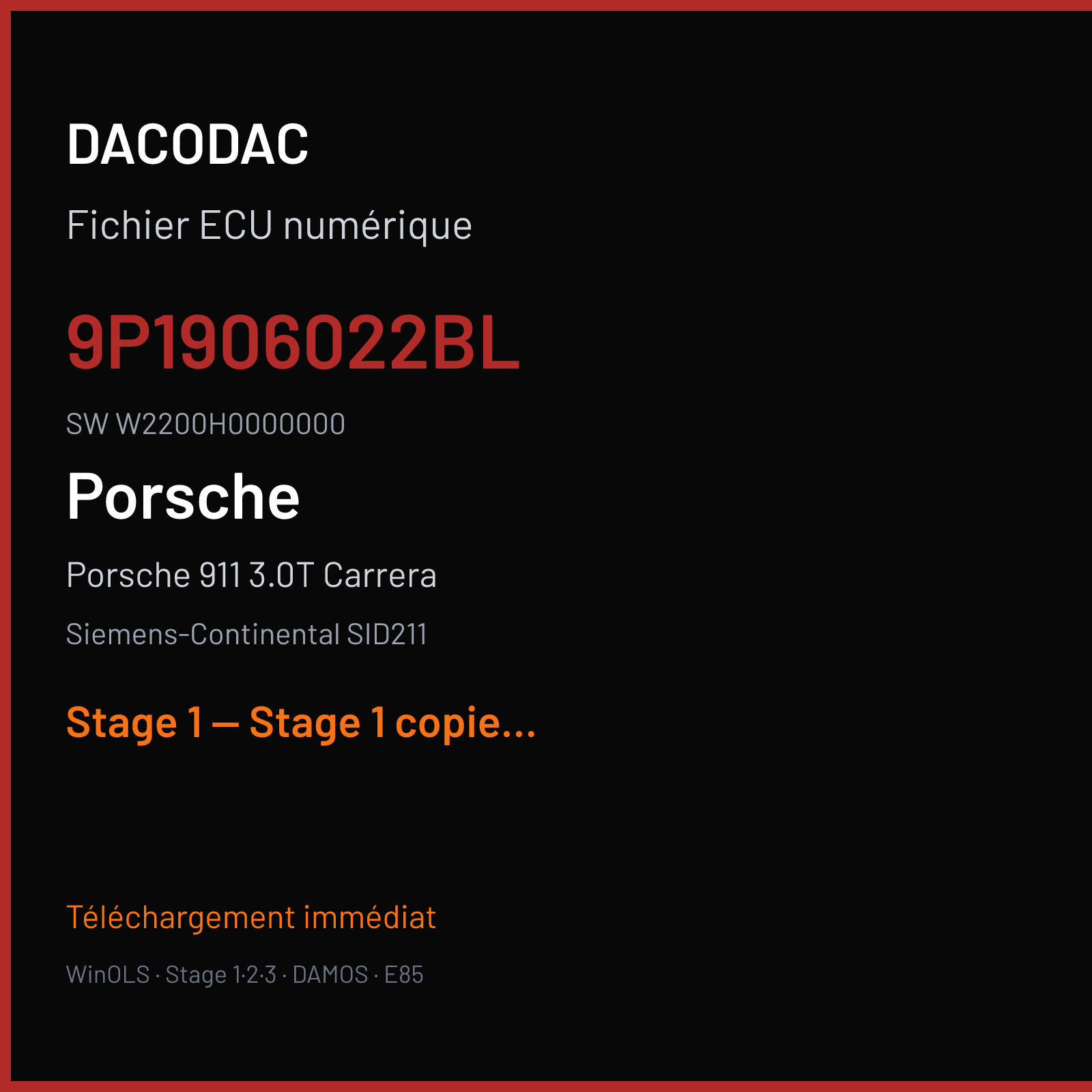 Porsche 911 3.0T Carrera (2016) — Siemens-Continental SID211 — 9P1906022BL · W2200H0000000 — Stage 1 — Stage 1 copied from good file