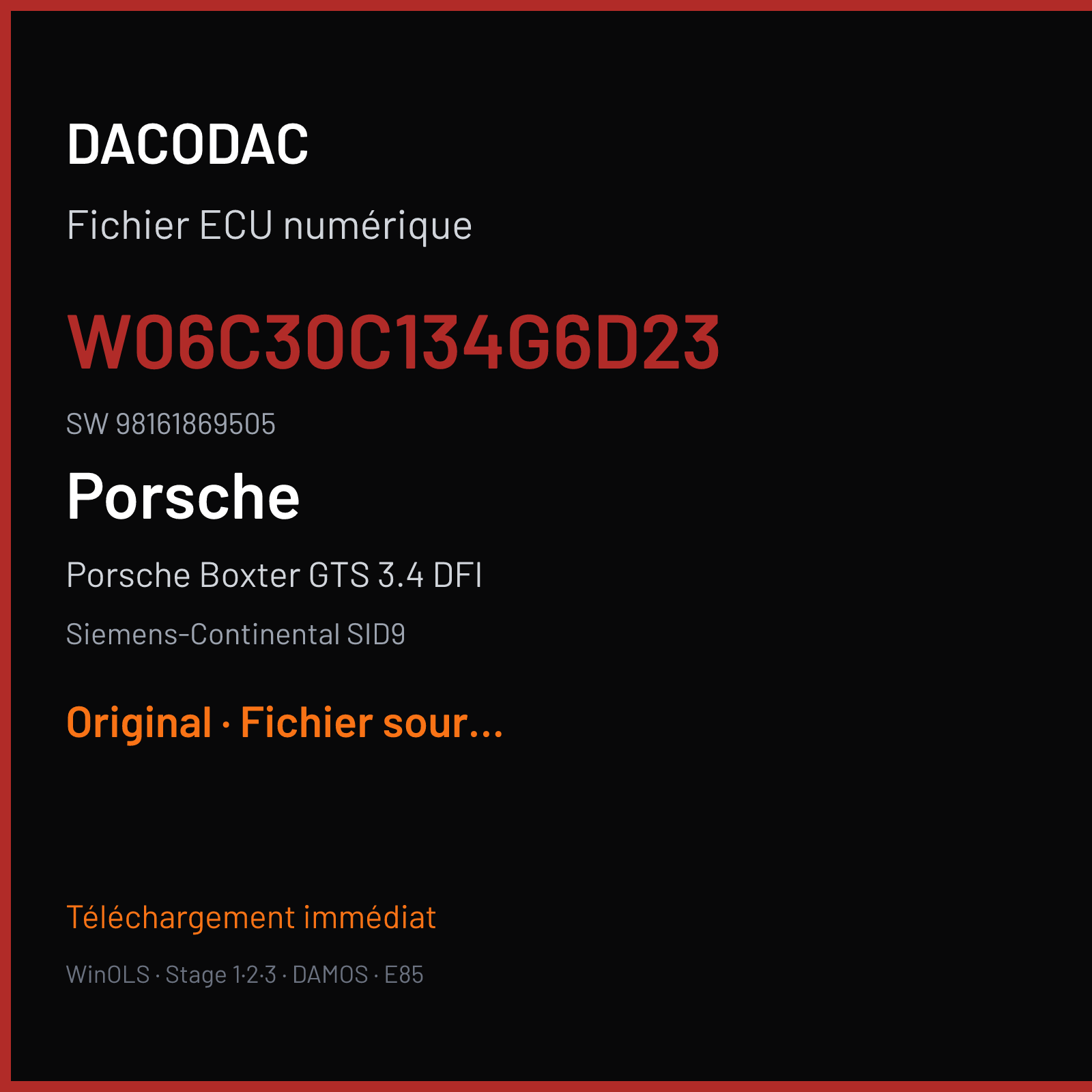 Porsche Boxter GTS 3.4 DFI 330 ch (2015) — Siemens-Continental SID9 — W06C30C134G6D23 · 98161869505 · W0600C3000000 — Original