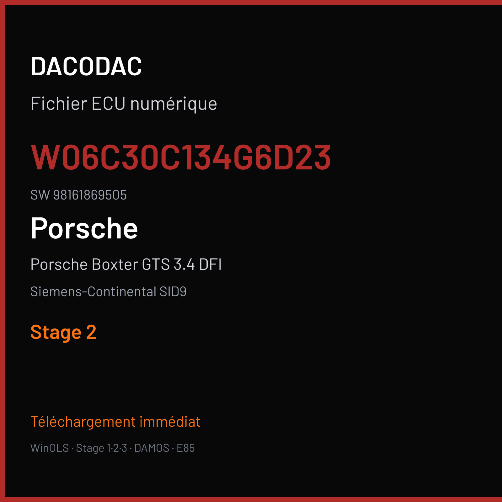 Porsche Boxter GTS 3.4 DFI 330 ch (2015) — Siemens-Continental SID9 — W06C30C134G6D23 · 98161869505 · W0600C3000000 — Stage 2