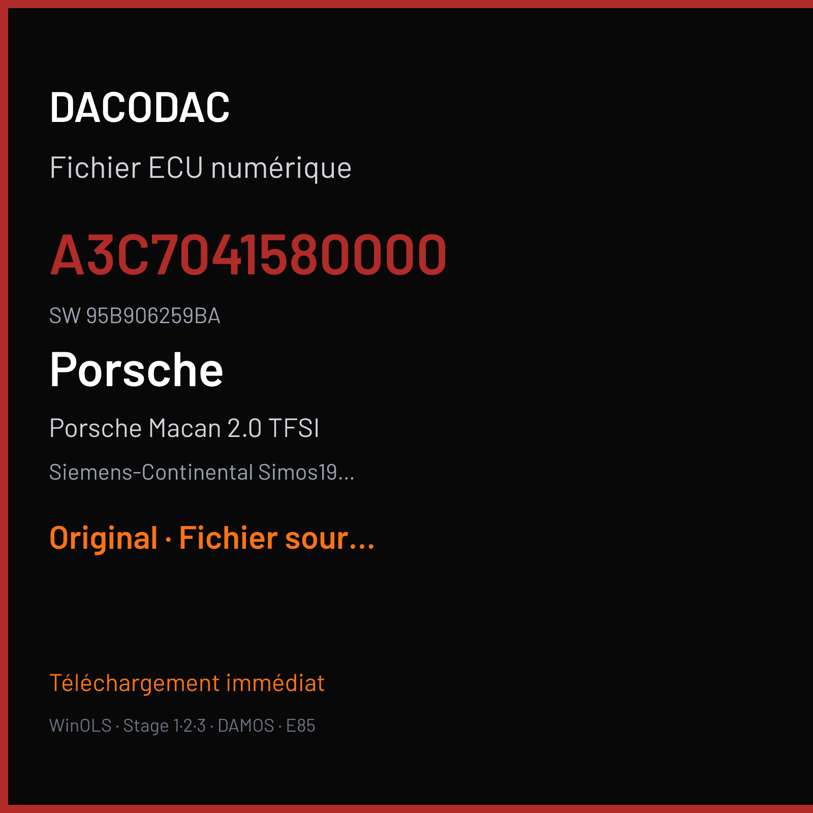 Porsche Macan 2.0 TFSI 265 ch (2022) — Siemens-Continental Simos19.3 — A3C7041580000 · 95B906259BA · VWSCJH10 — Original