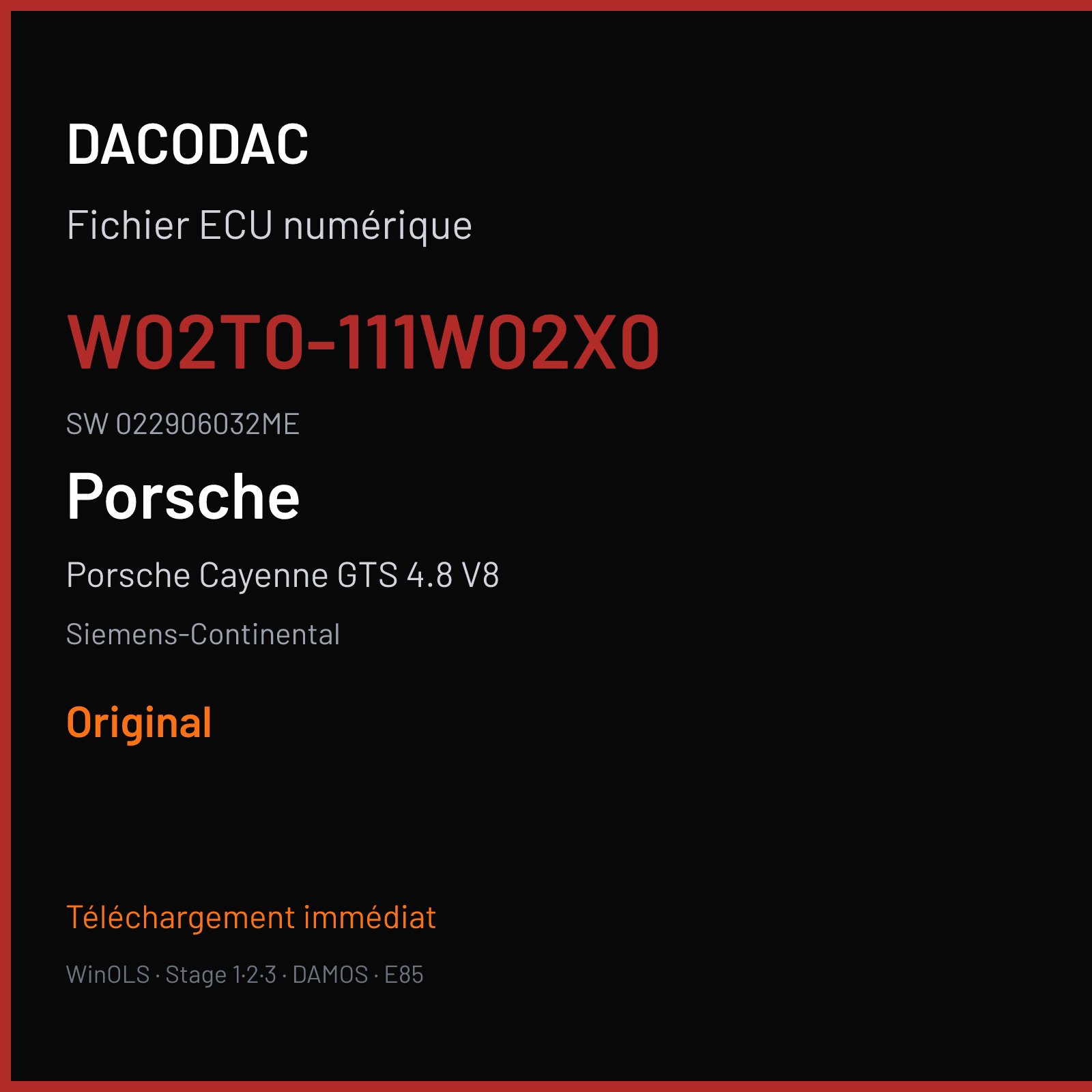 Porsche Cayenne GTS 4.8 V8 405 ch (2008) — Siemens-Continental — W02T0-111W02X0 · 022906032ME · W0200C6000000 SDI4 — Original
