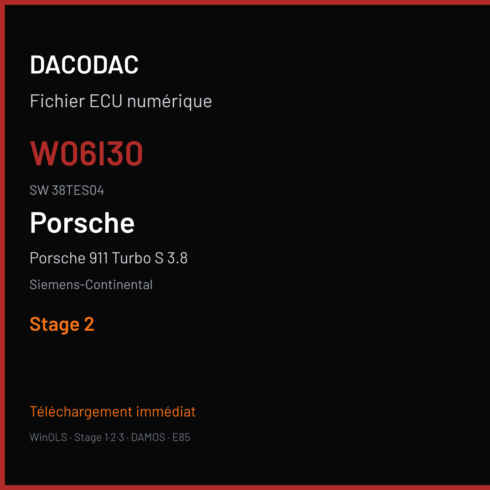 Porsche 911 Turbo S 3.8 560 ch (2014) — Siemens-Continental — W06I30 · 38TES04 · 99161868007 W0600I3000000 SDI9 — Stage 2