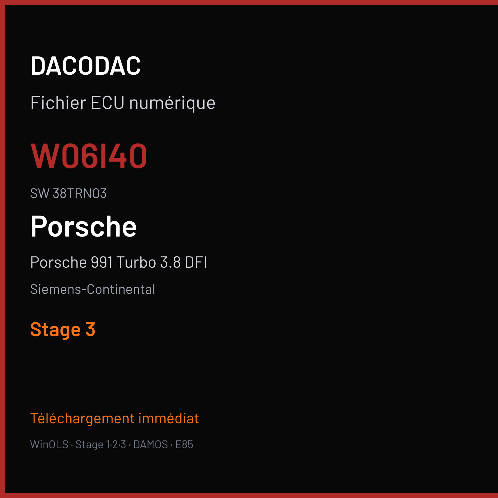 Porsche 991 Turbo 3.8 DFI 540 ch (2016) — Siemens-Continental — W06I40 · 38TRN03 · 99161867309 W0600I4000000 SDI9 — Stage 3