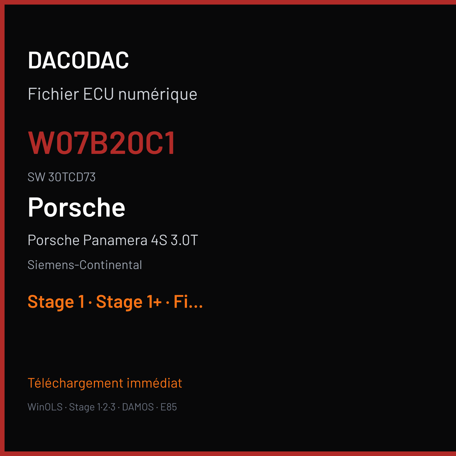 Porsche Panamera 4S 3.0T 420 ch (2016) — Siemens-Continental — W07B20C1 · 30TCD73 · 97061868516 W0700B2000000 SDI7 — Stage 1
