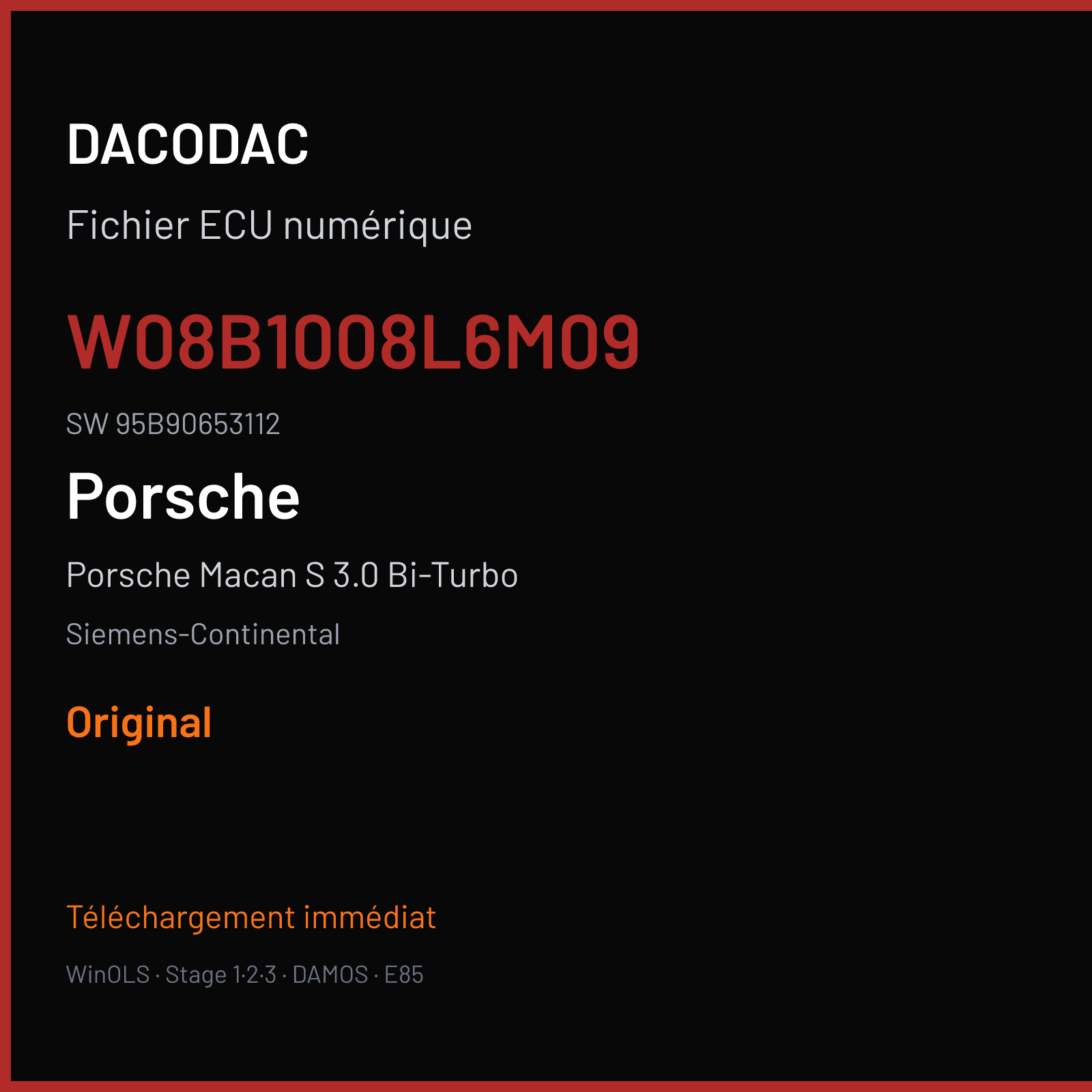 Porsche Macan S 3.0 Bi-Turbo 340 ch (2015) — Siemens-Continental — W08B1008L6M09 · 95B90653112 · W0800B1000000 SDI10 — Original