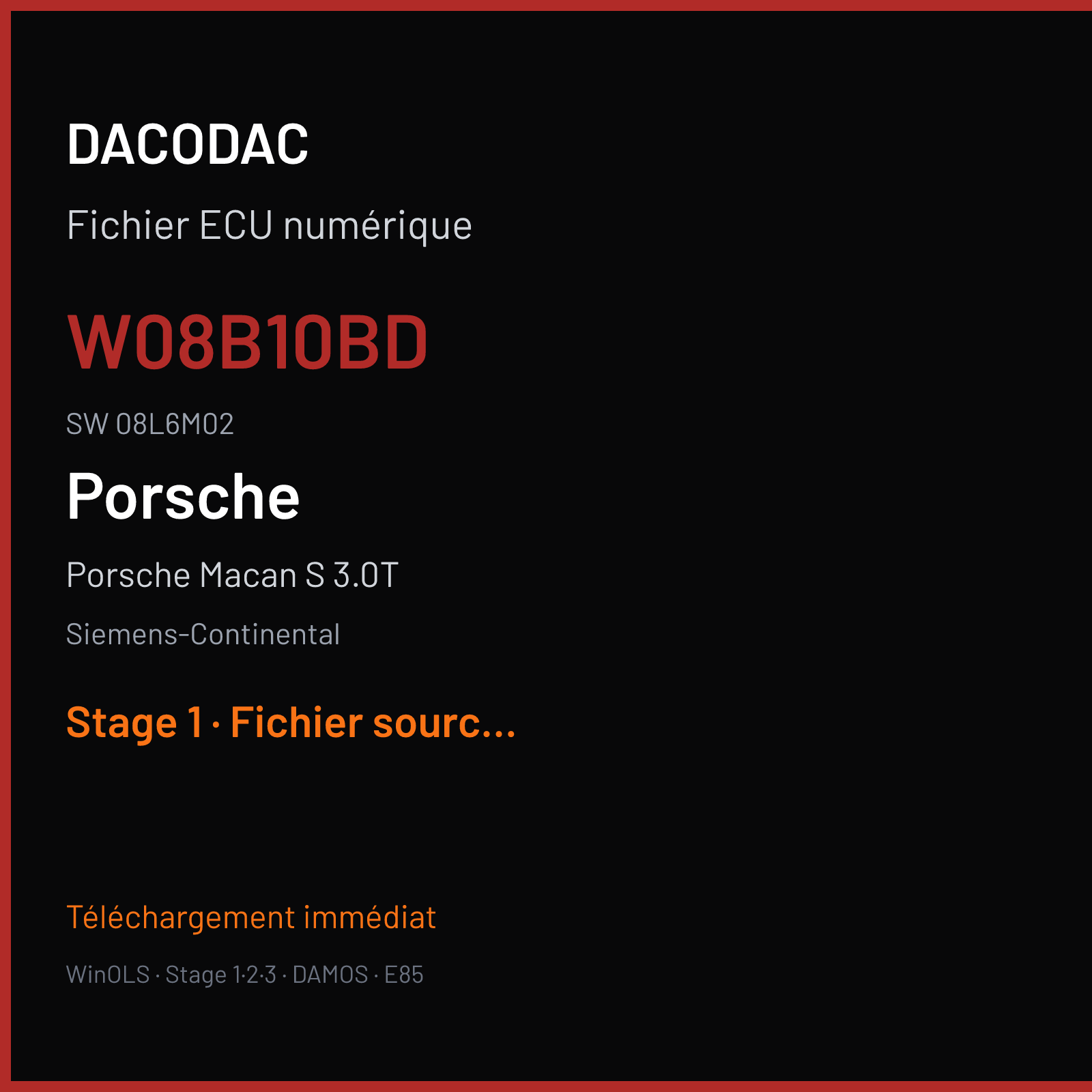 Porsche Macan S 3.0T 340 ch (2017) — Siemens-Continental — W08B10BD · 08L6M02 · 95B90653110 W0800B1000000 SDI10 — Stage 1
