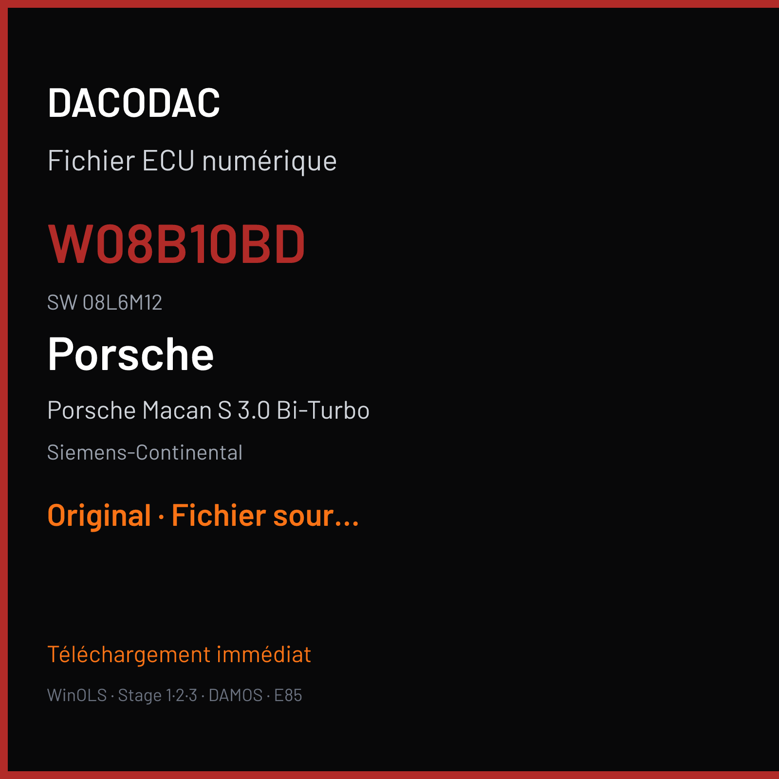 Porsche Macan S 3.0 Bi-Turbo 340 ch (2016) — Siemens-Continental — W08B10BD · 08L6M12 · 95B90653113 W0800B1000000 SDI10.2 — Original