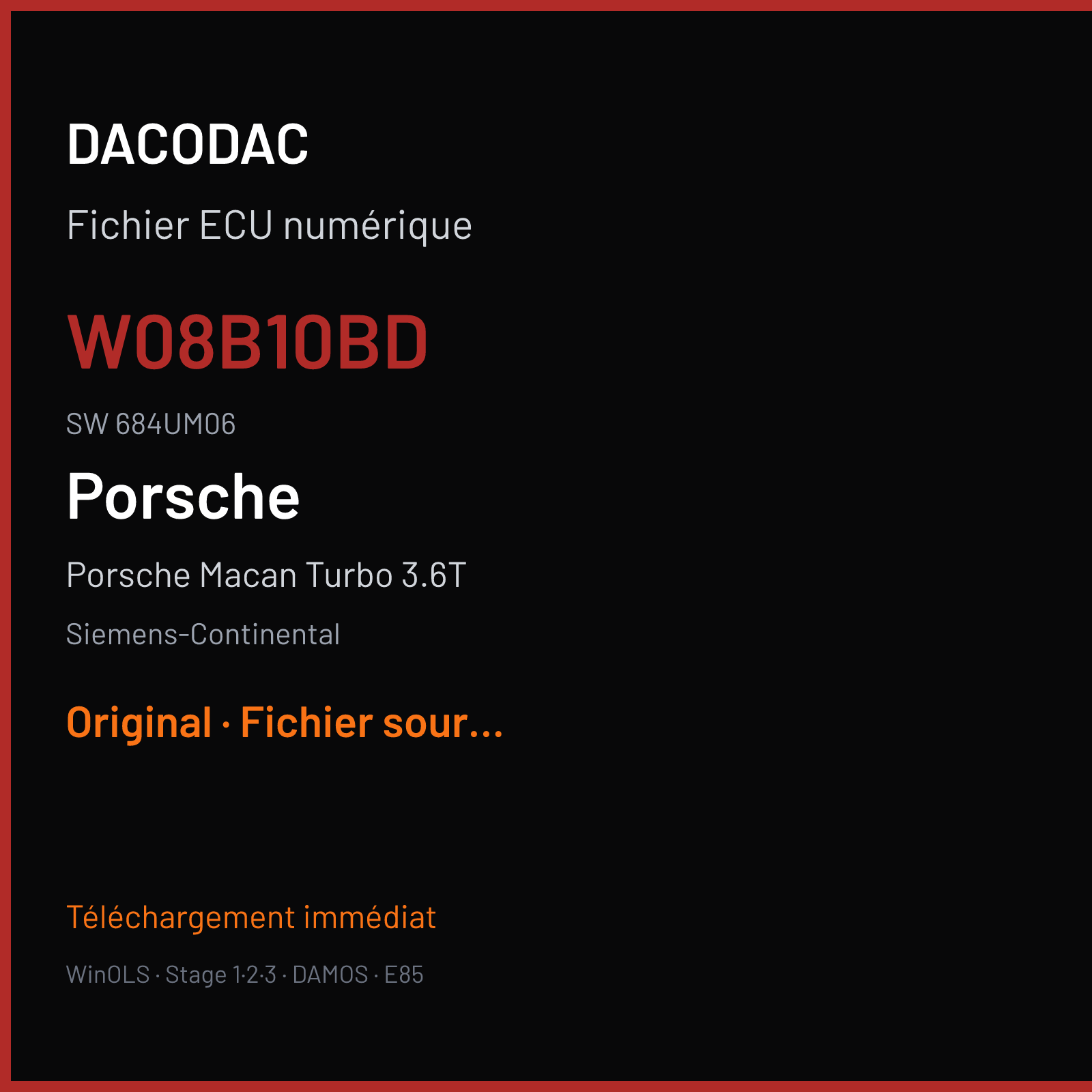 Porsche Macan Turbo 3.6T 400 ch (2020) — Siemens-Continental — W08B10BD · 684UM06 · 95B90652011 W0800B1000000 SDI10 — Original