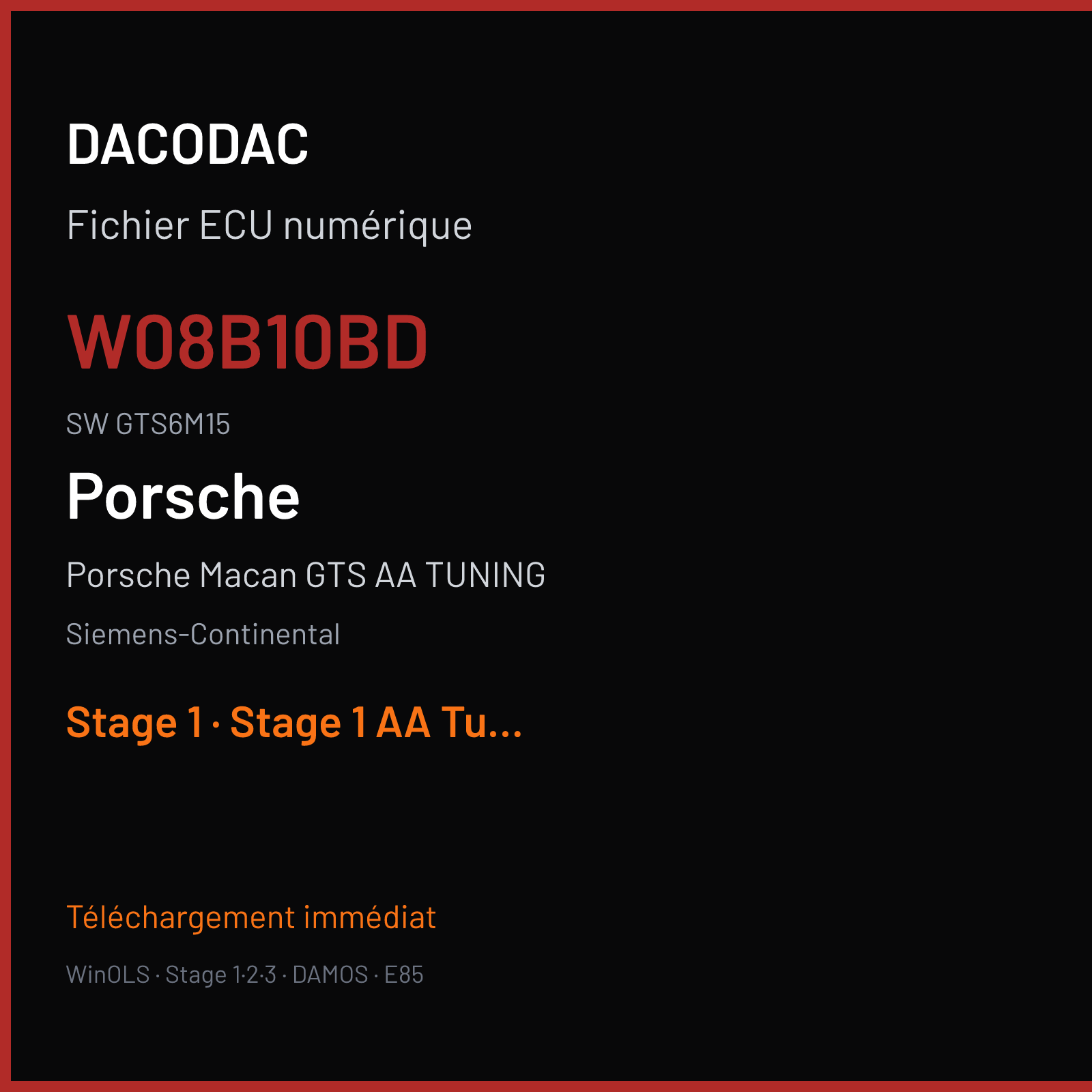 Porsche Macan GTS AA TUNING 360 ch (2016) — Siemens-Continental — W08B10BD · GTS6M15 · 95B90654103 W0800B1000000 SDI10 — Stage 1