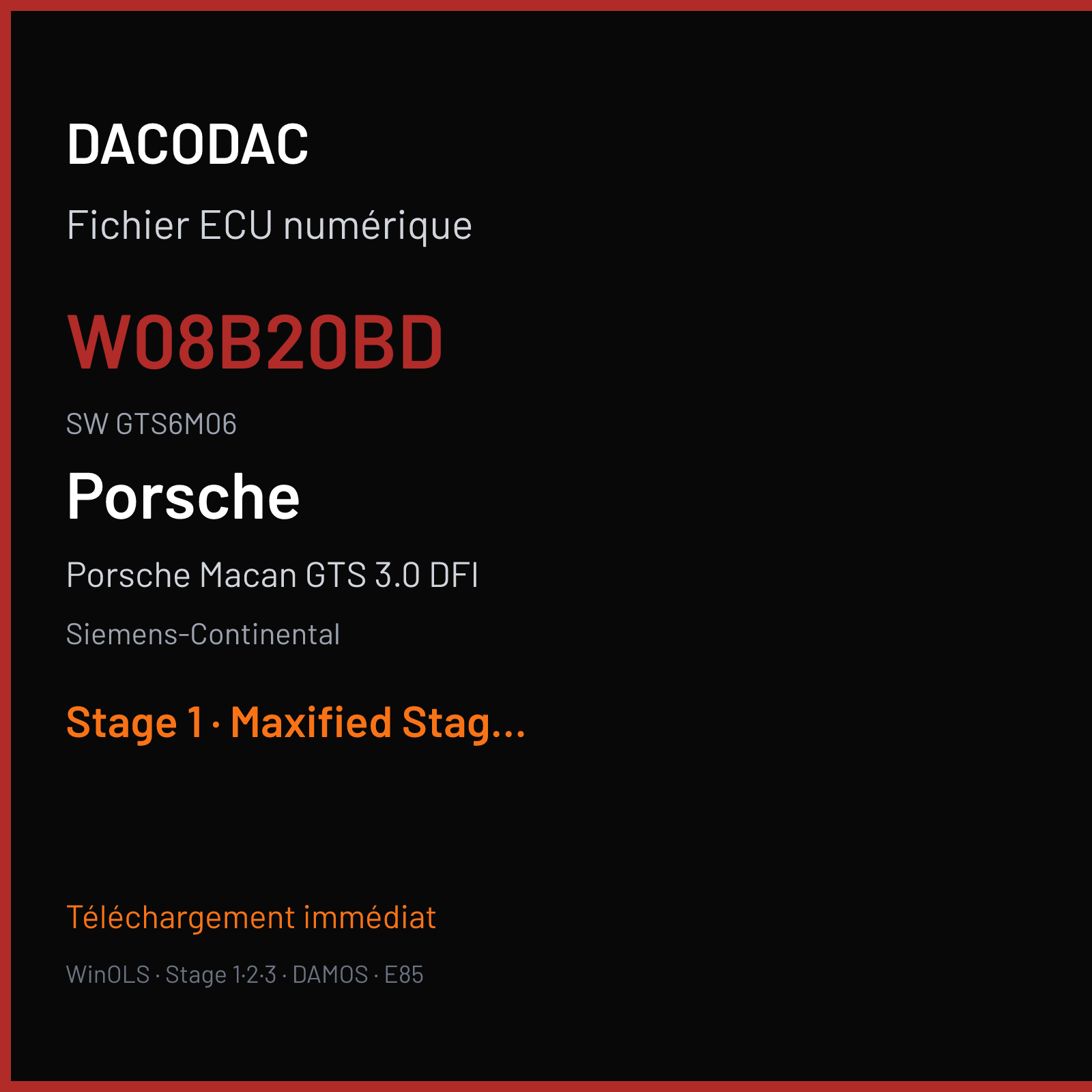 Porsche Macan GTS 3.0 DFI 360 ch (2017) — Siemens-Continental — W08B20BD · GTS6M06 · 95B90654103 W0800B2000000 SDI10 — Stage 1