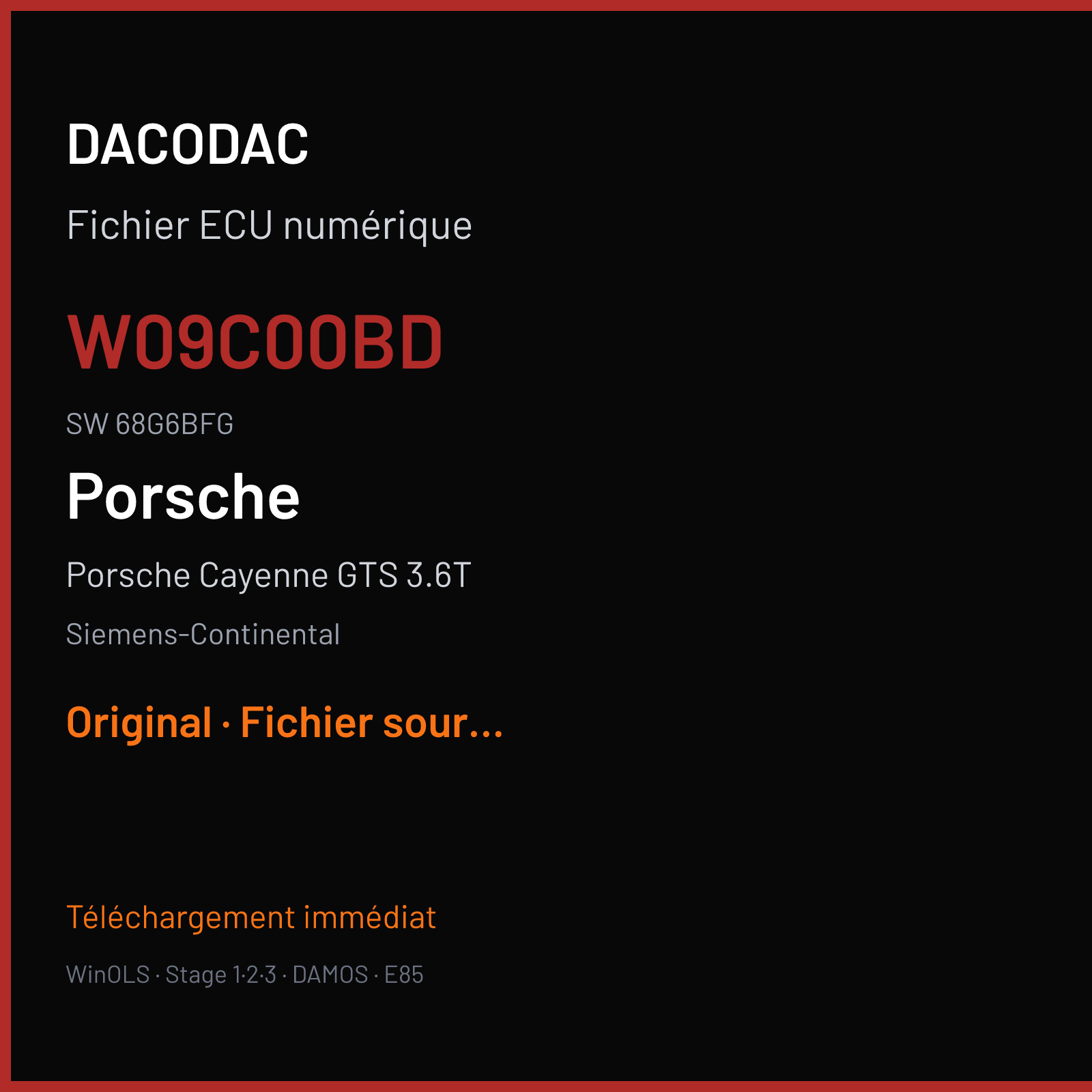 Porsche Cayenne GTS 3.6T 440 ch (2015) — Siemens-Continental — W09C00BD · 68G6BFG · 95860151638 W0900C0000000 SDI10 — Original
