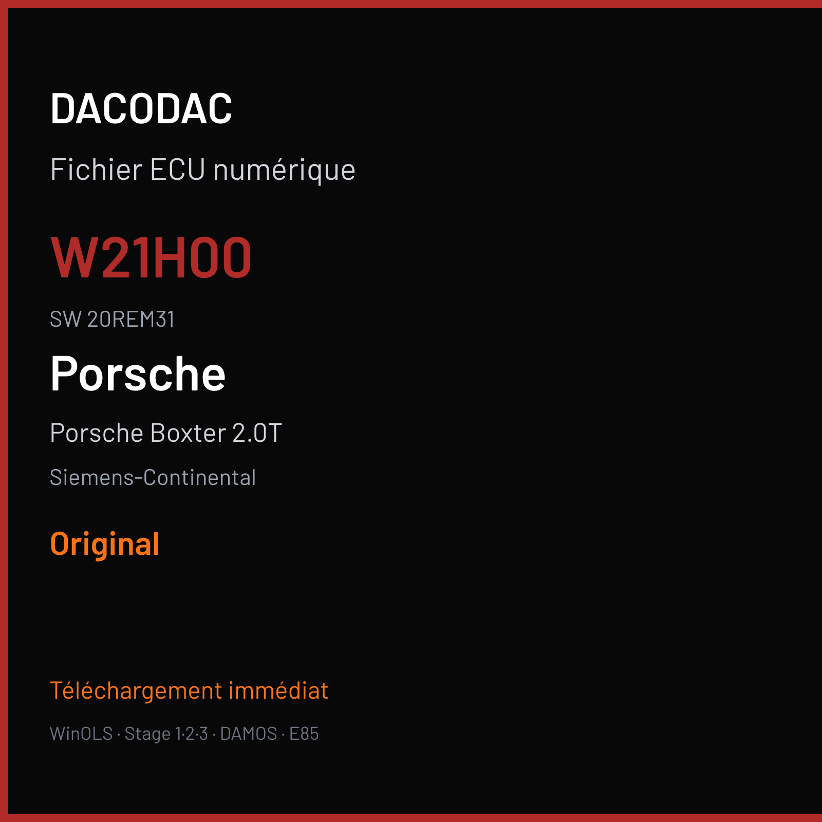 Porsche Boxter 2.0T 300 ch (2017) — Siemens-Continental — W21H00 · 20REM31 · 982906023BG W2100H0000000 SDI21 — Original