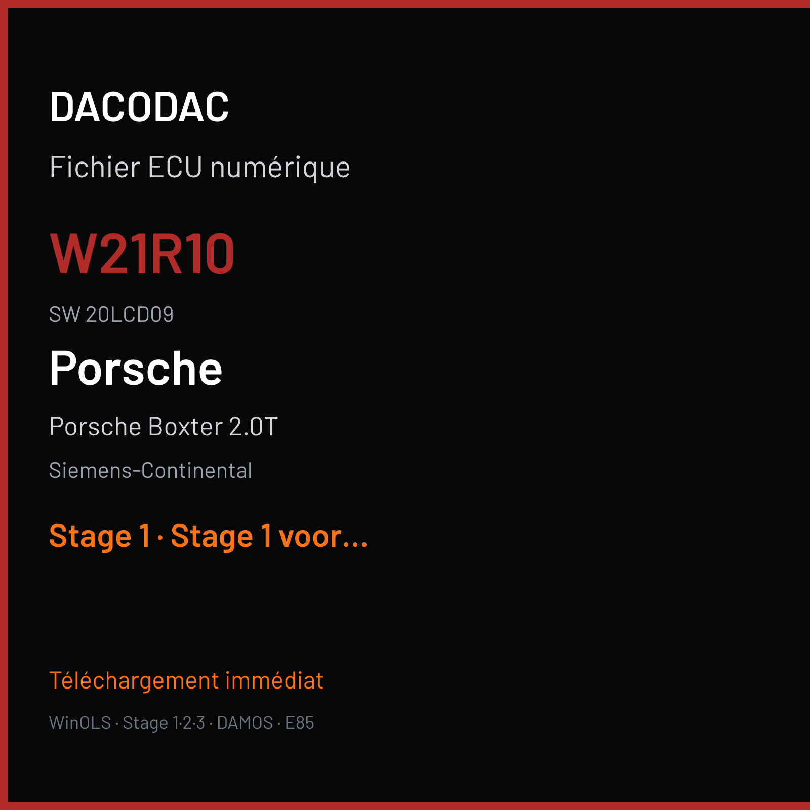 Porsche Boxter 2.0T 250 ch (2020) — Siemens-Continental — W21R10 · 20LCD09 · 982906026T W2100R1000000 SDI21 — Stage 1