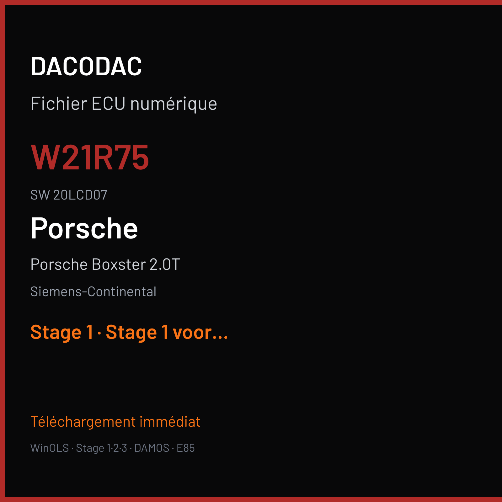 Porsche Boxster 2.0T 300 ch (2019) — Siemens-Continental — W21R75 · 20LCD07 · 982906026AT W2100R7500000 SDI21.1 — Stage 1