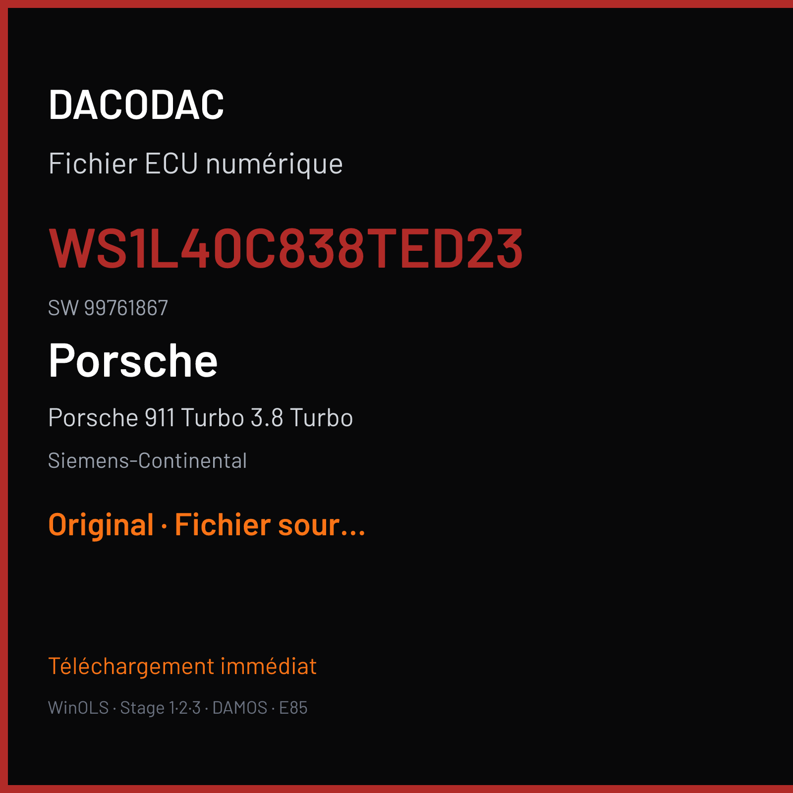 Porsche 911 Turbo 3.8 Turbo 500 ch (2010) — Siemens-Continental — WS1L40C838TED23 · 99761867 · W0100L4000000 SDI3 — Original