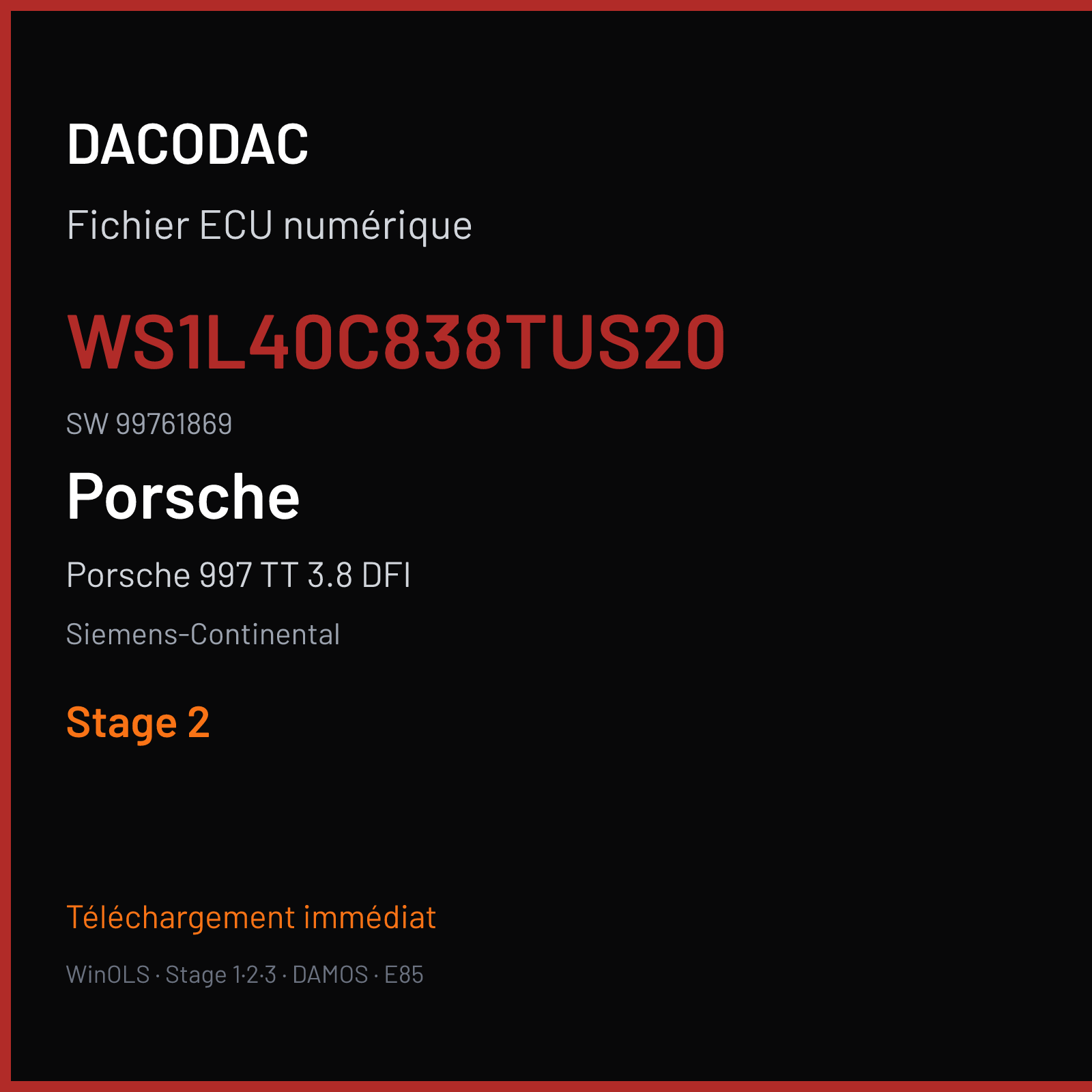Porsche 997 TT 3.8 DFI 530 ch (2010) — Siemens-Continental — WS1L40C838TUS20 · 99761869 · W0100L4000000 SDI3 — Stage 2