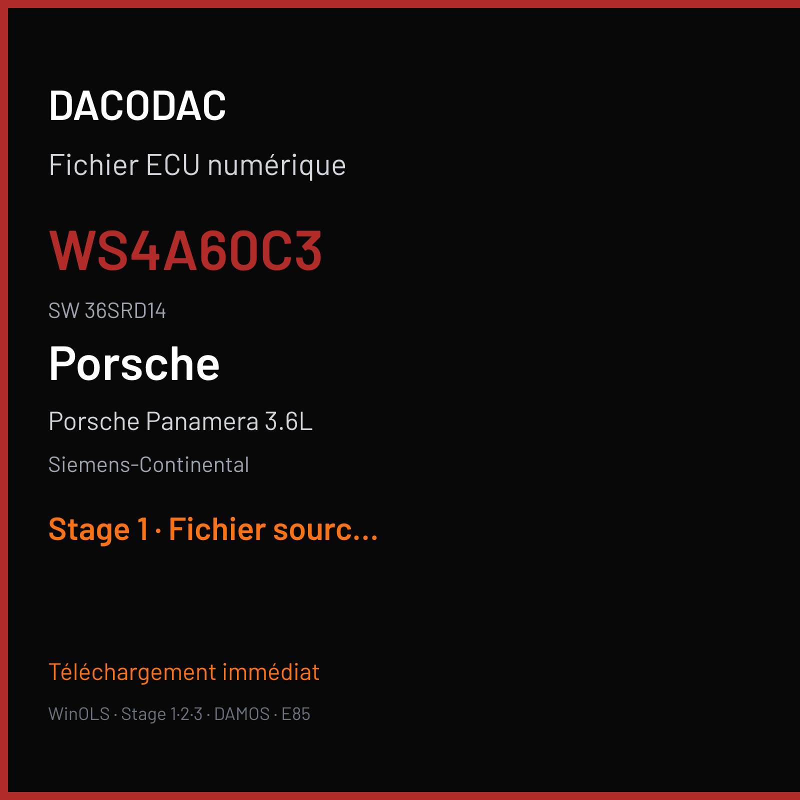 Porsche Panamera 3.6L 300 ch (2013) — Siemens-Continental — WS4A60C3 · 36SRD14 · 97061854017 W0400A6000000 SDI7 — Stage 1