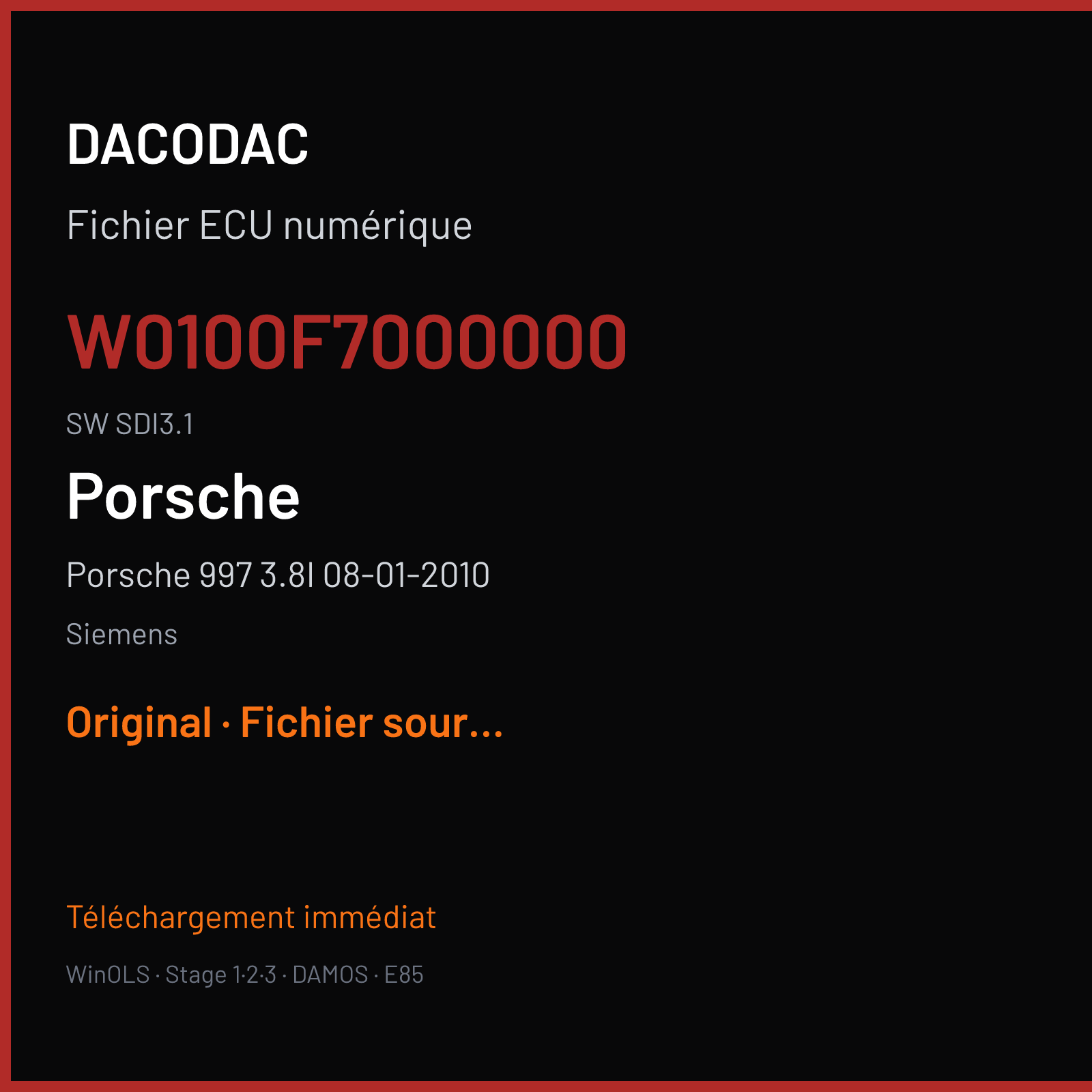 Porsche 997 3.8I 08-01-2010 — Siemens — W0100F7000000 · SDI3.1 — Original