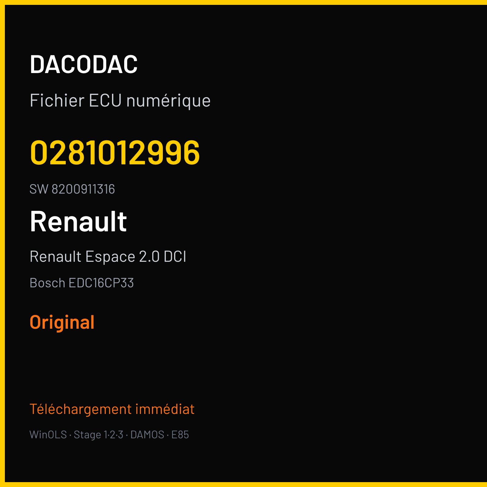 Renault Espace 2.0 DCI 130 ch (2008) — Bosch EDC16CP33 — 0281012996 · 8200911316 · 387302 — Original