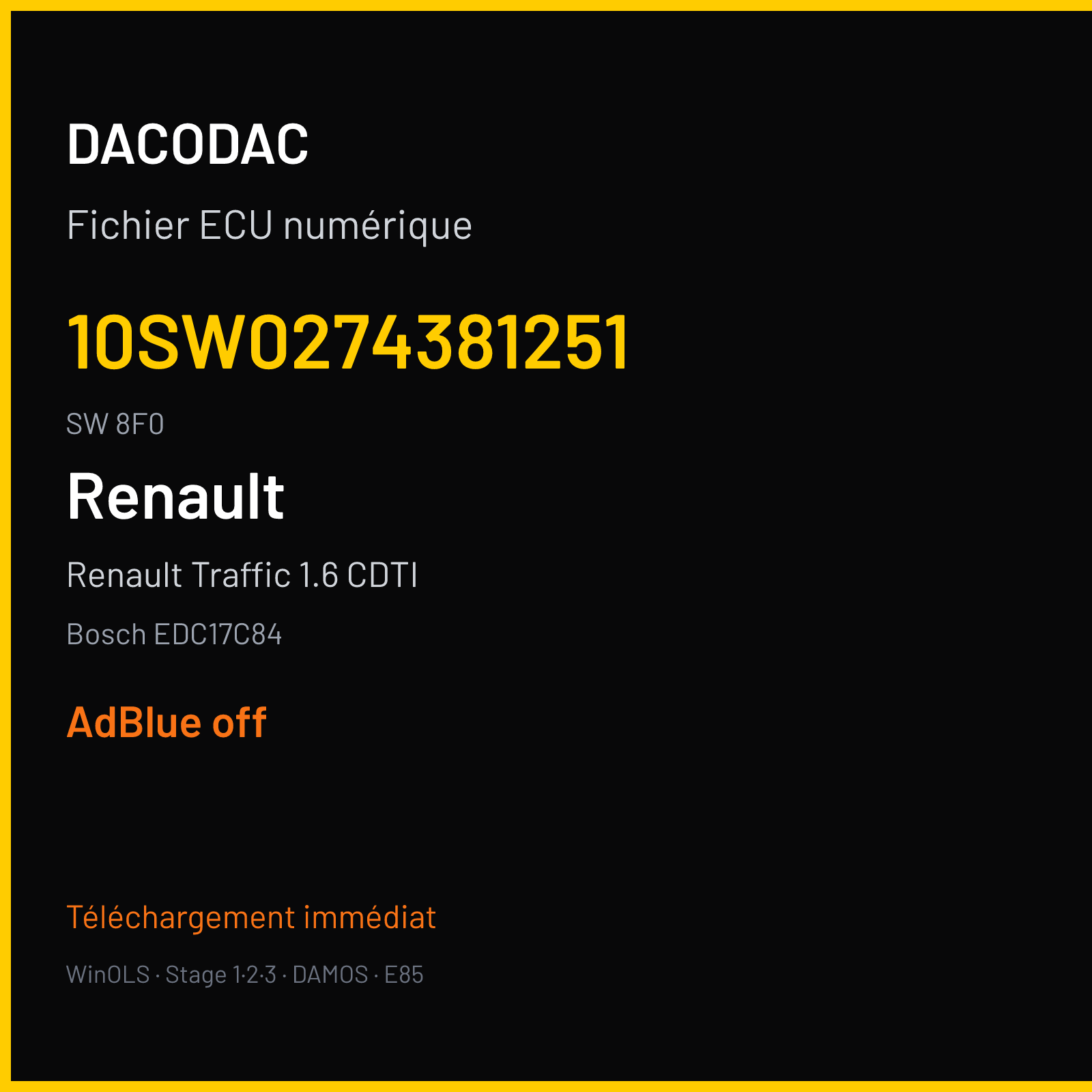 Renault Traffic 1.6 CDTI 120 ch (2018) — Bosch EDC17C84 — 10SW0274381251 · 8F0 · CE8906TGLMR 027438 — ADBLUE off