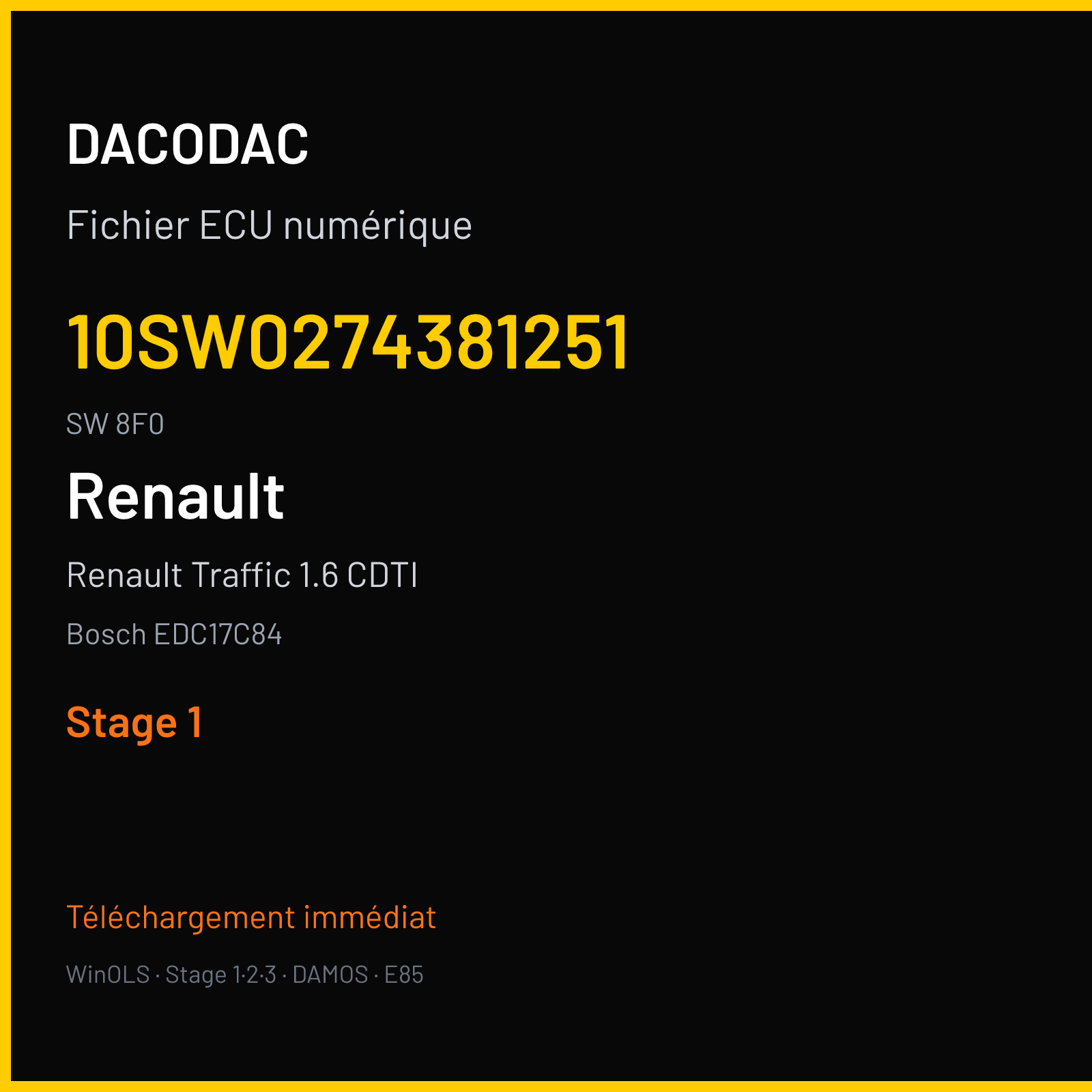 Renault Traffic 1.6 CDTI 120 ch (2018) — Bosch EDC17C84 — 10SW0274381251 · 8F0 · CE8906TGLMR 027438 — Stage 1