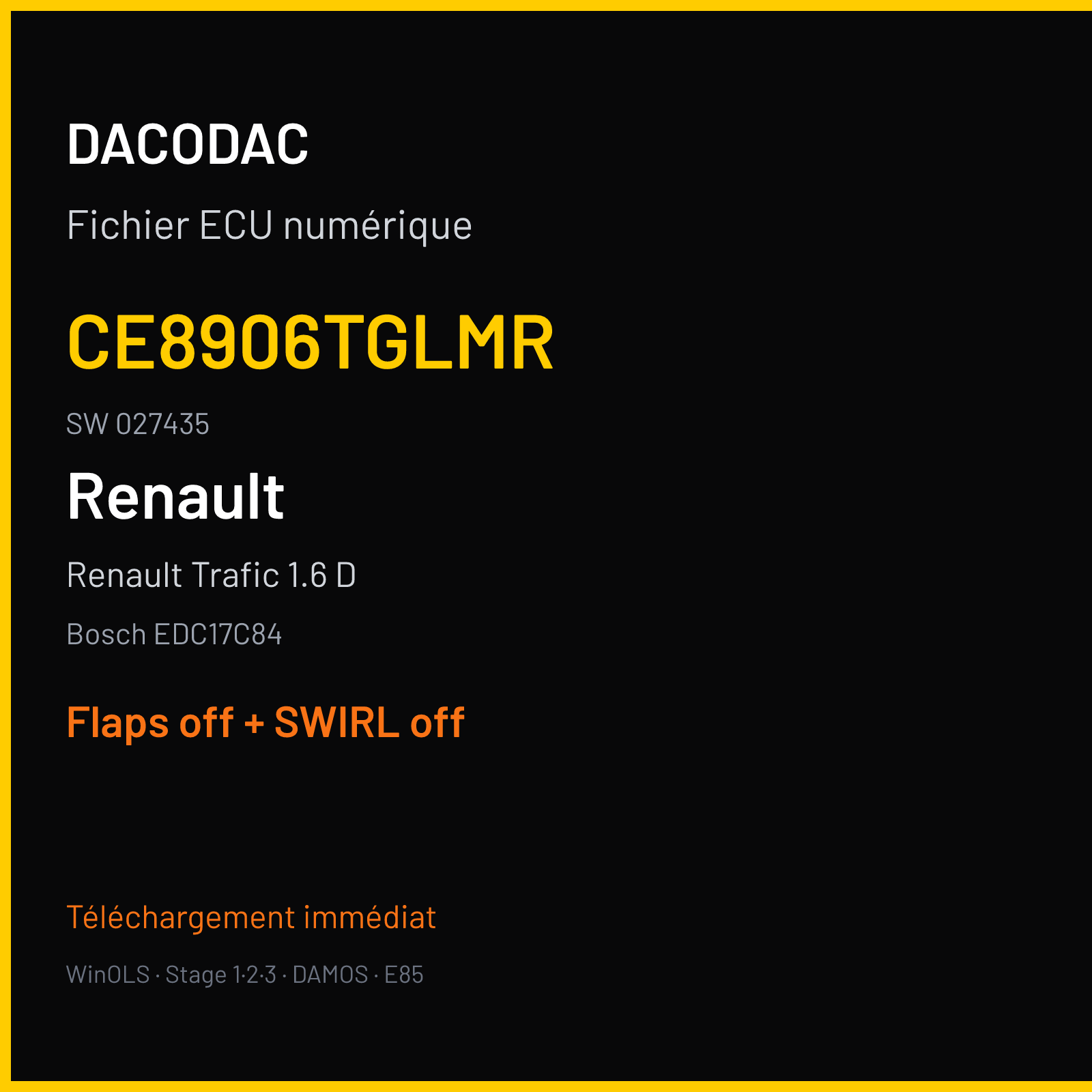 Renault Trafic 1.6 D (2018) — Bosch EDC17C84 — CE8906TGLMR · 027435 — Flaps off + SWIRL off