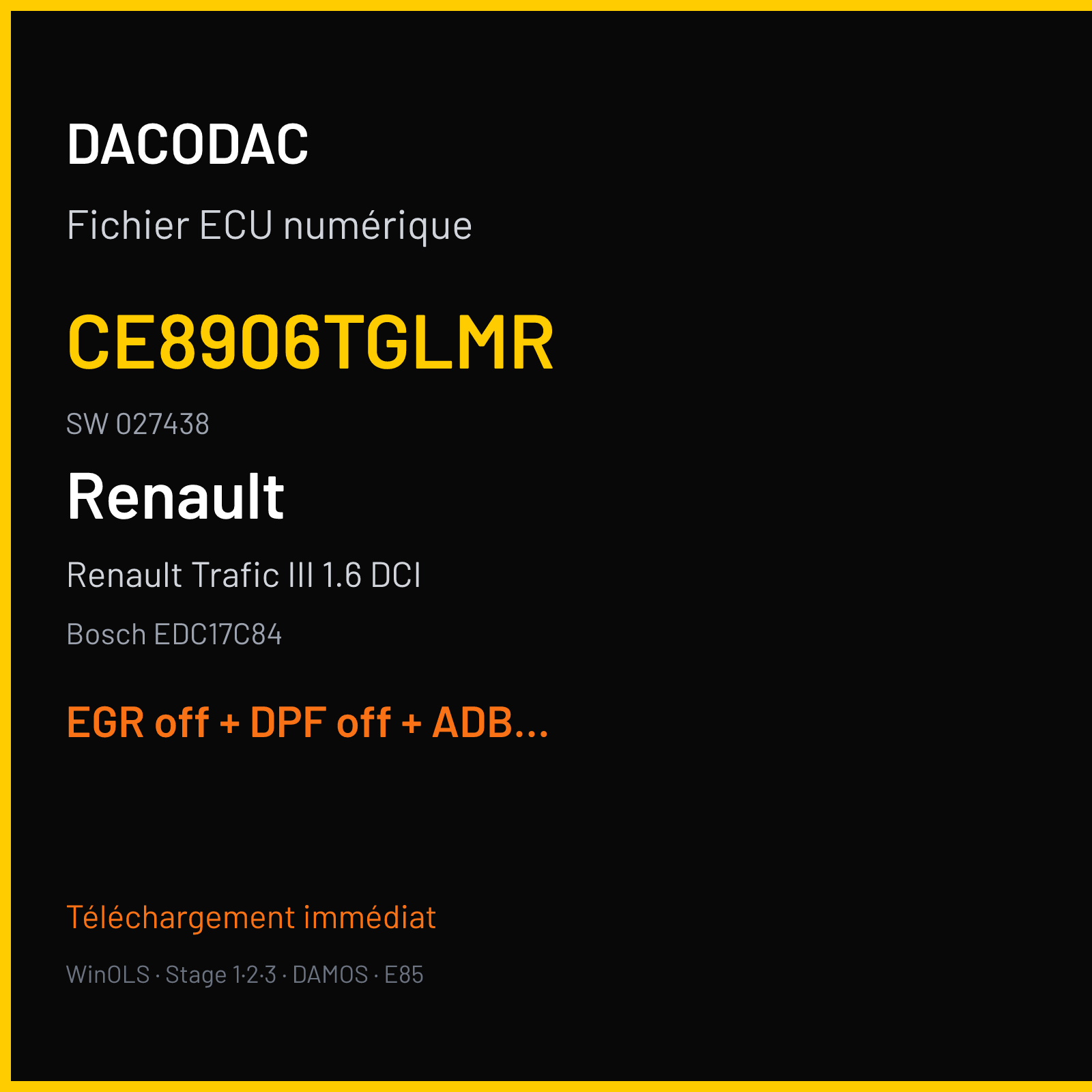 Renault Trafic III 1.6 DCI (2018) — Bosch EDC17C84 — CE8906TGLMR · 027438 — EGR off + DPF off + ADBLUE off + DTC off