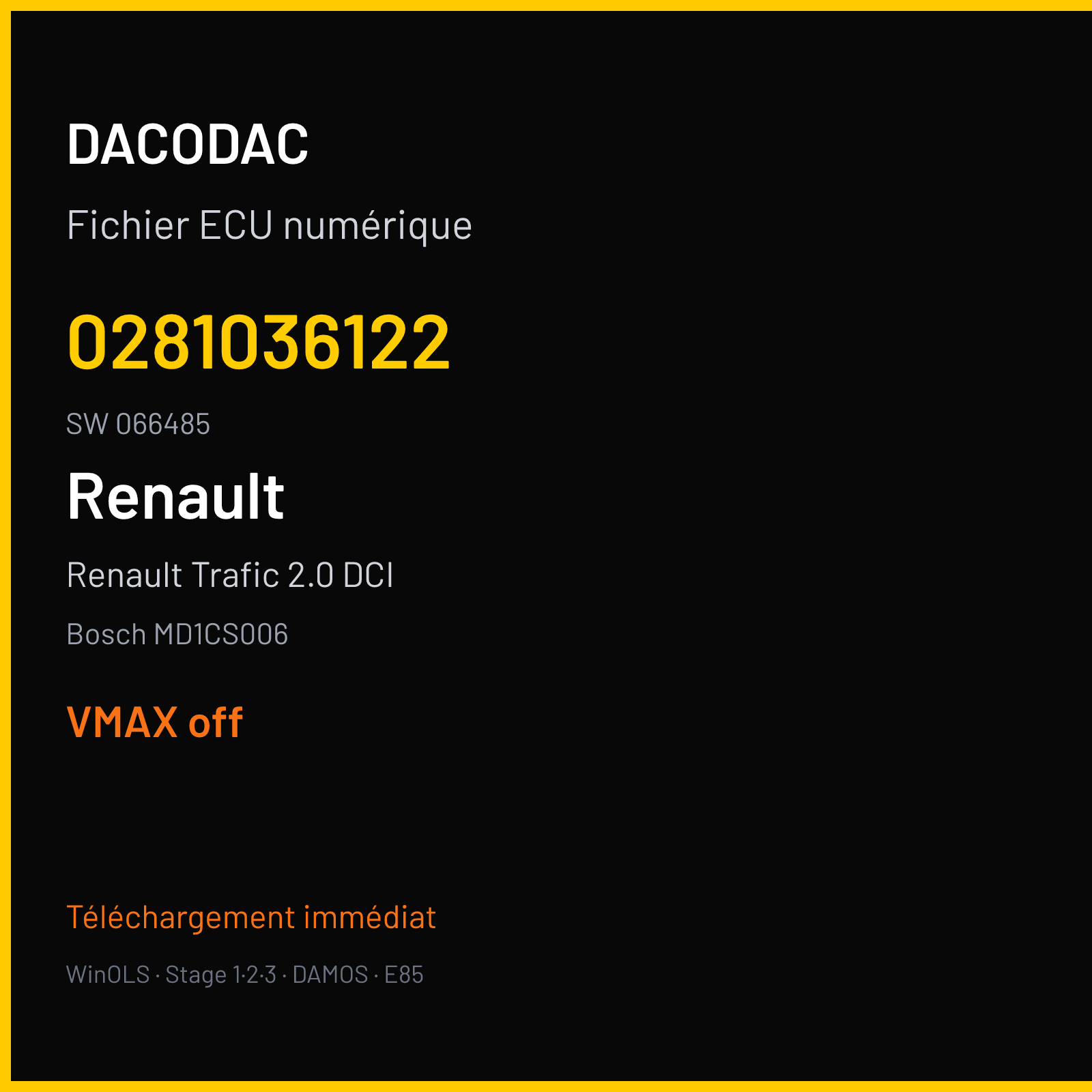 Renault Trafic 2.0 DCI (2019) — Bosch MD1CS006 — 0281036122 · 066485 — VMAX off