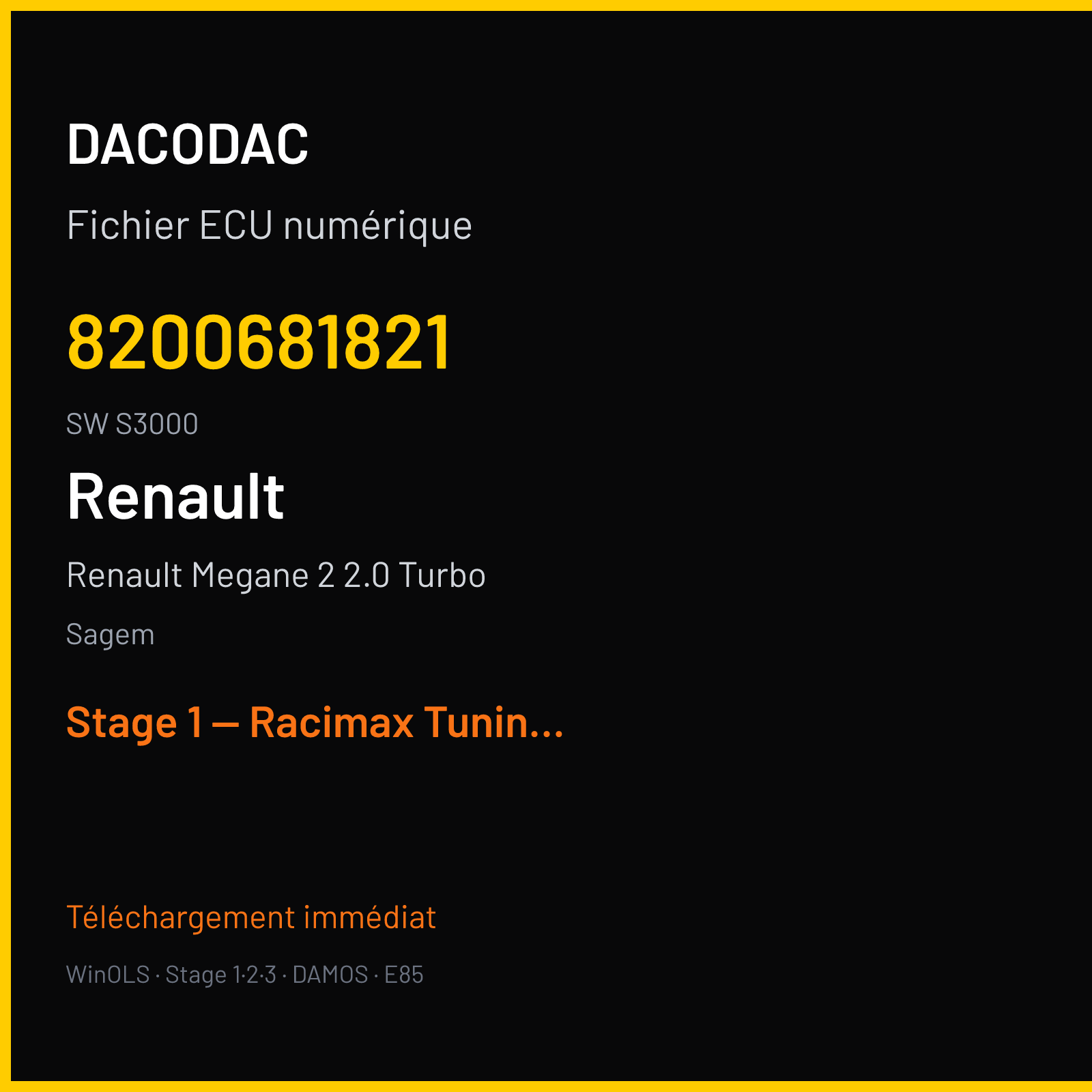 Renault Megane 2 2.0 Turbo (2004) — Sagem — 8200681821 · S3000 — Stage 1 — Racimax Tuning Angeblich 265PS