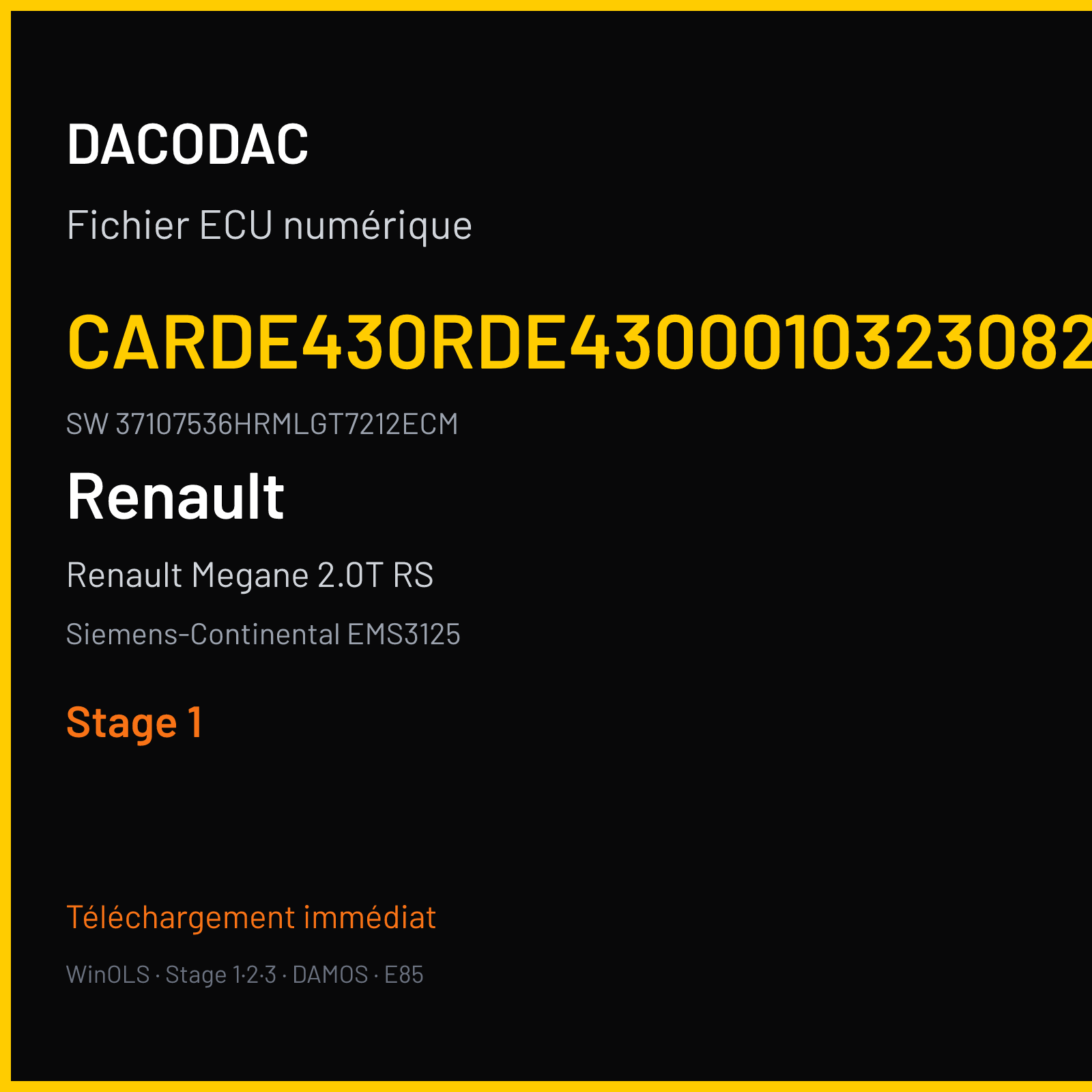 Renault Megane 2.0T RS 275 ch (2015) — Siemens-Continental EMS3125 — CARDE430RDE4300010323082AA · 37107536HRMLGT7212ECM · RDE1043000000 — Stage 1