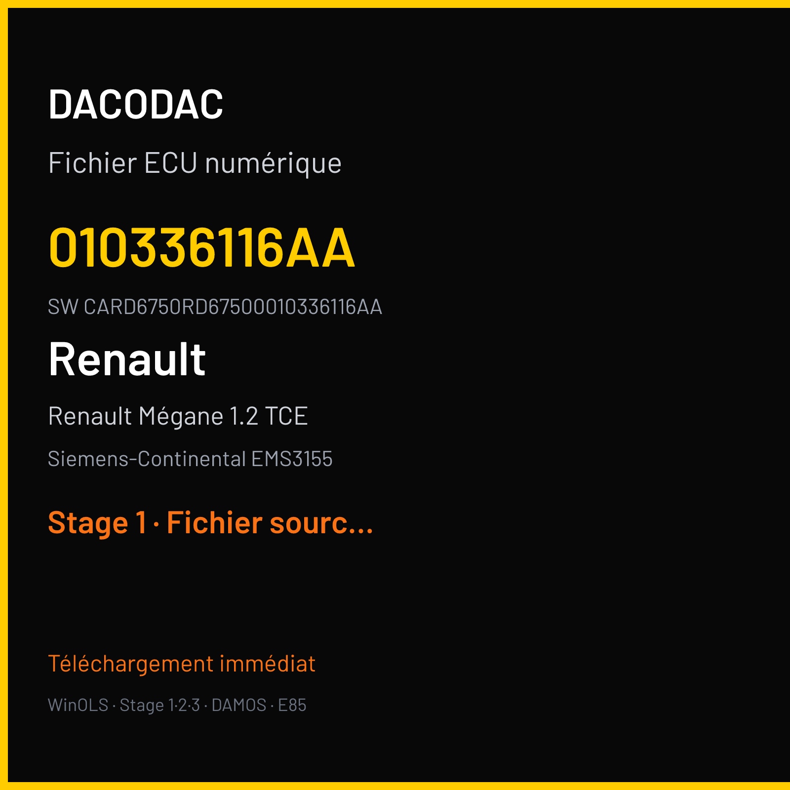 Renault Mégane 1.2 TCE 130 ch (2016) — Siemens-Continental EMS3155 — 010336116AA · CARD6750RD67500010336116AA · RD6RD62275000000 — Stage 1