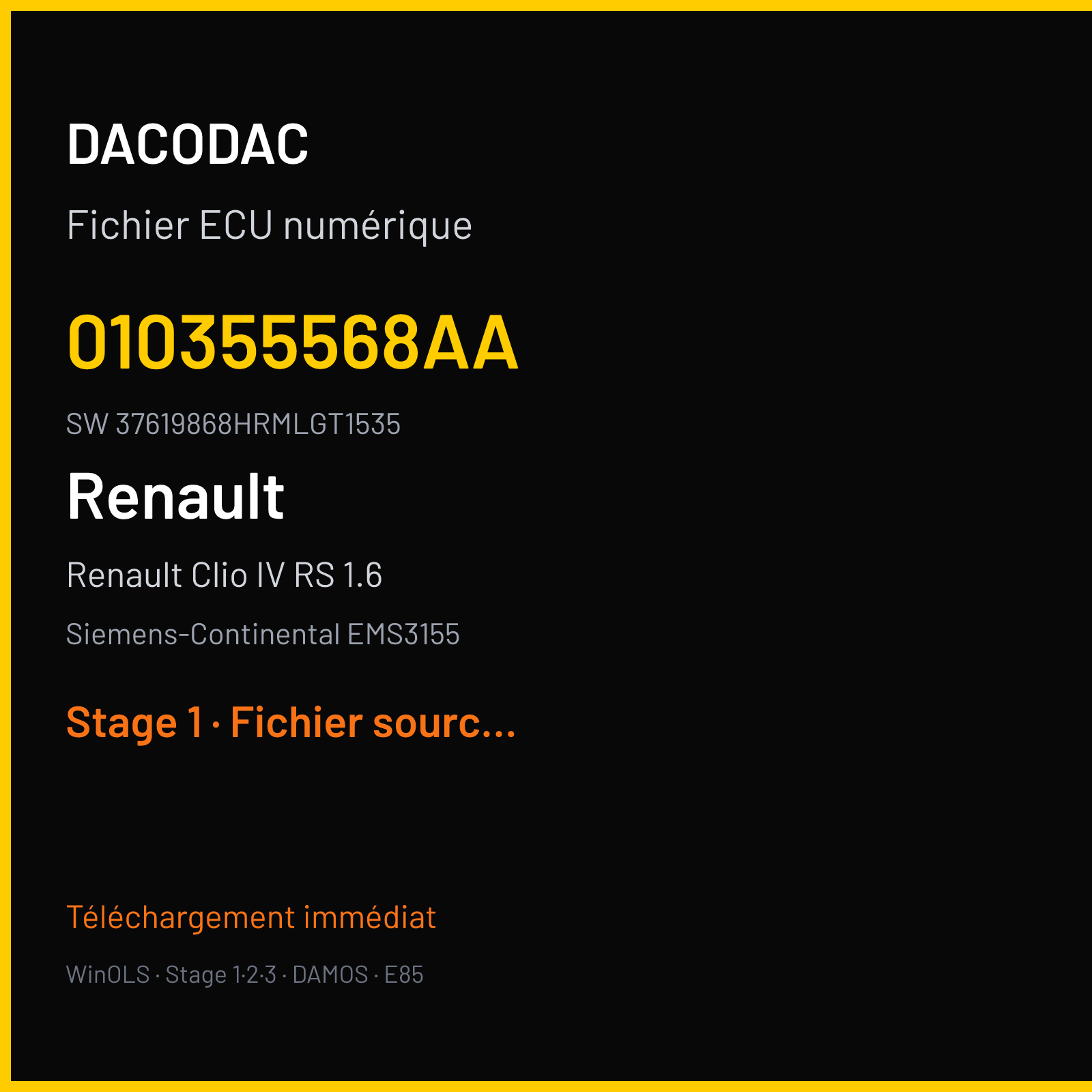 Renault Clio IV RS 1.6 200 ch (2018) — Siemens-Continental EMS3155 — 010355568AA · 37619868HRMLGT1535 · RD6RD62290000000 — Stage 1