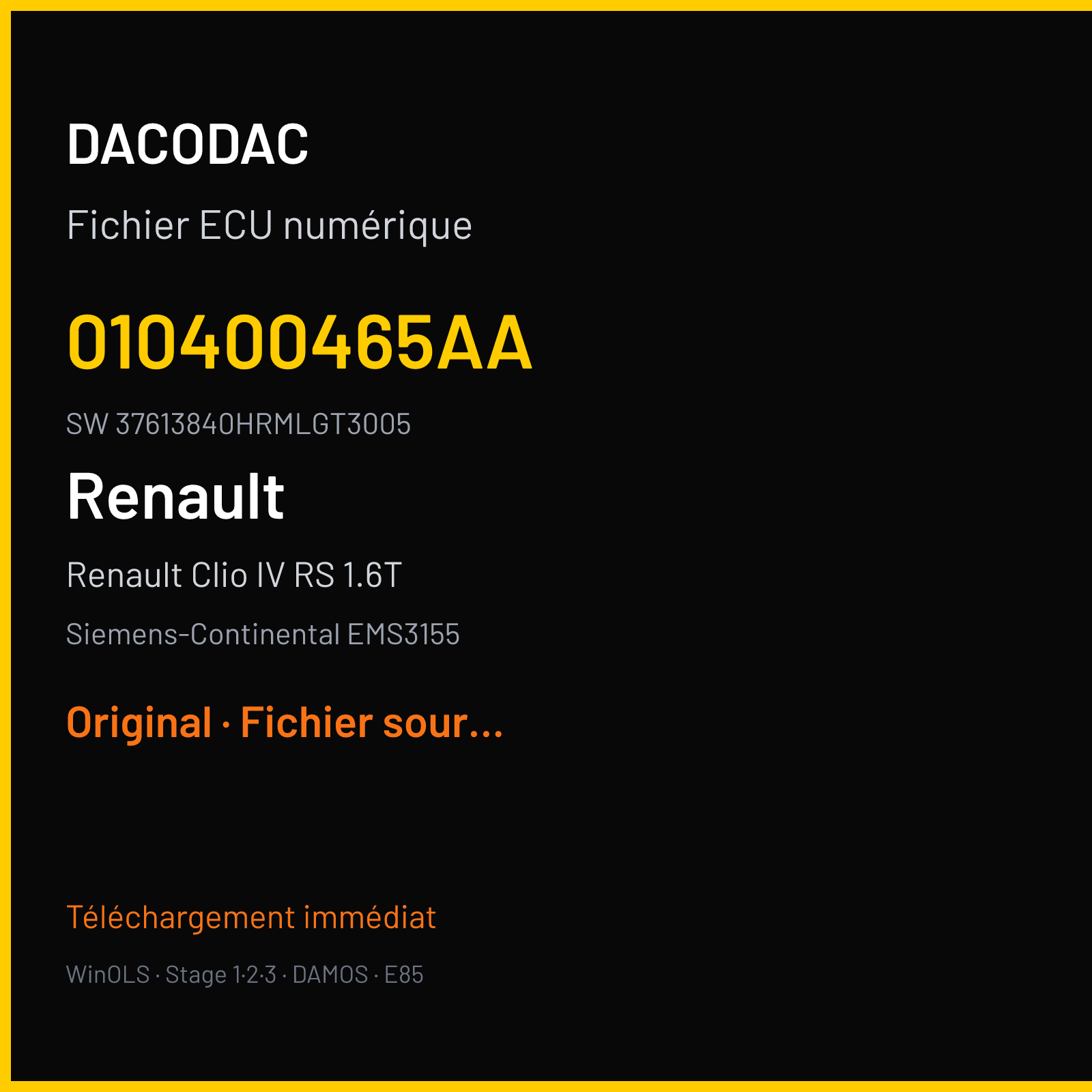 Renault Clio IV RS 1.6T 220 ch — Siemens-Continental EMS3155 — 010400465AA · 37613840HRMLGT3005 · RD6RD62294000000 — Original