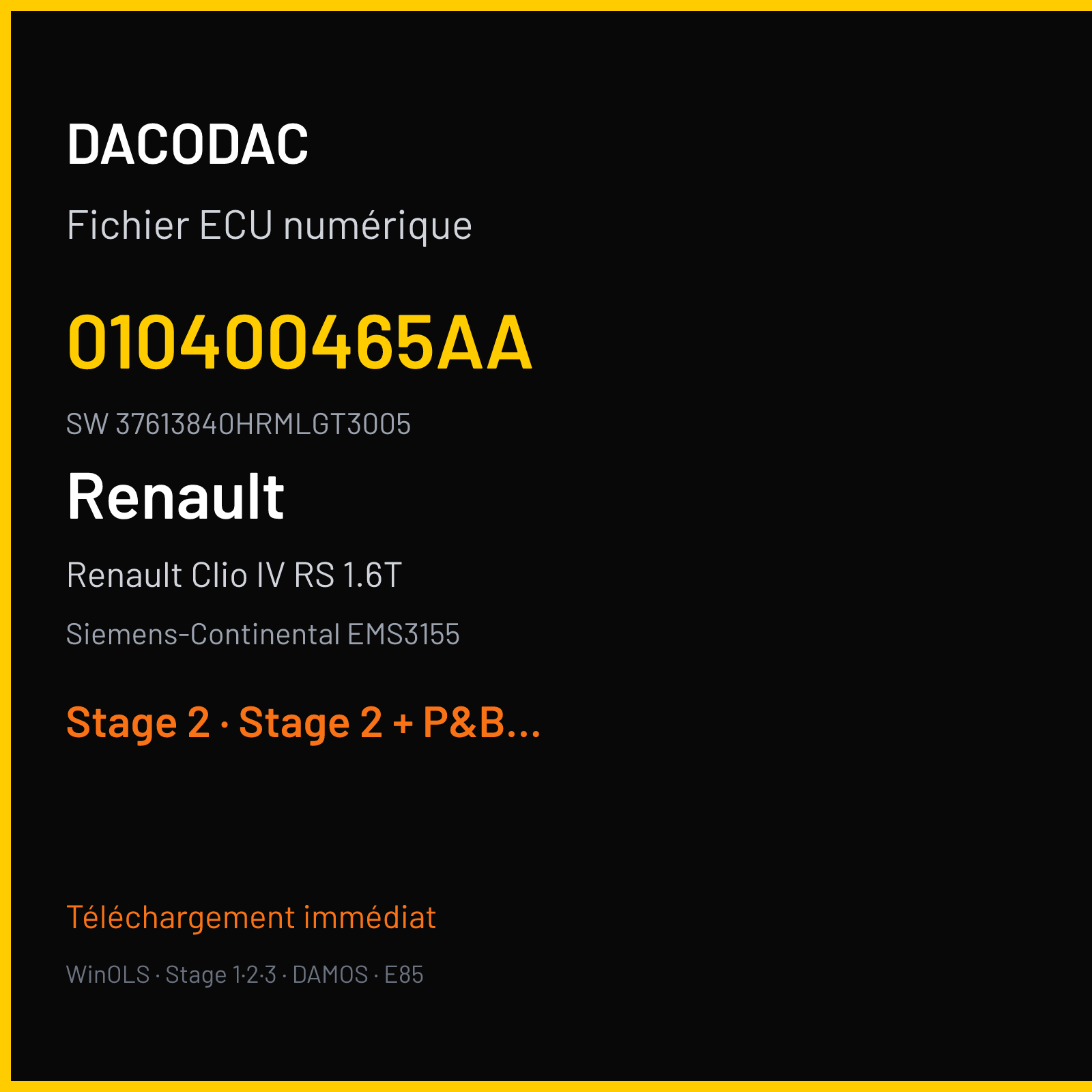 Renault Clio IV RS 1.6T 220 ch — Siemens-Continental EMS3155 — 010400465AA · 37613840HRMLGT3005 · RD6RD62294000000 — Stage 2
