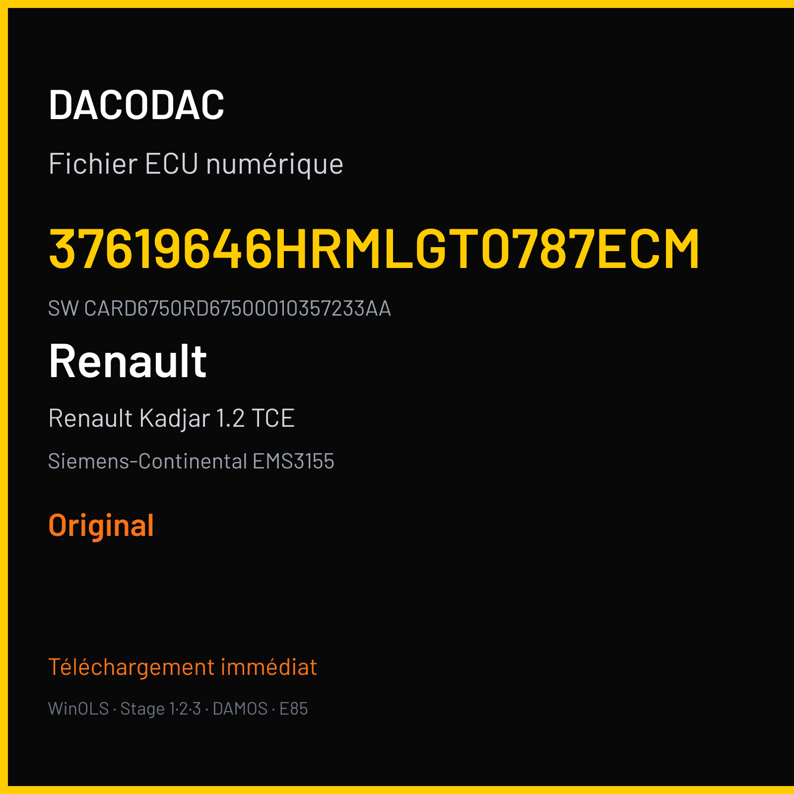 Renault Kadjar 1.2 TCE 130 ch (2015) — Siemens-Continental EMS3155 — 37619646HRMLGT0787ECM · CARD6750RD67500010357233AA · RD6RD62275000000 — Original