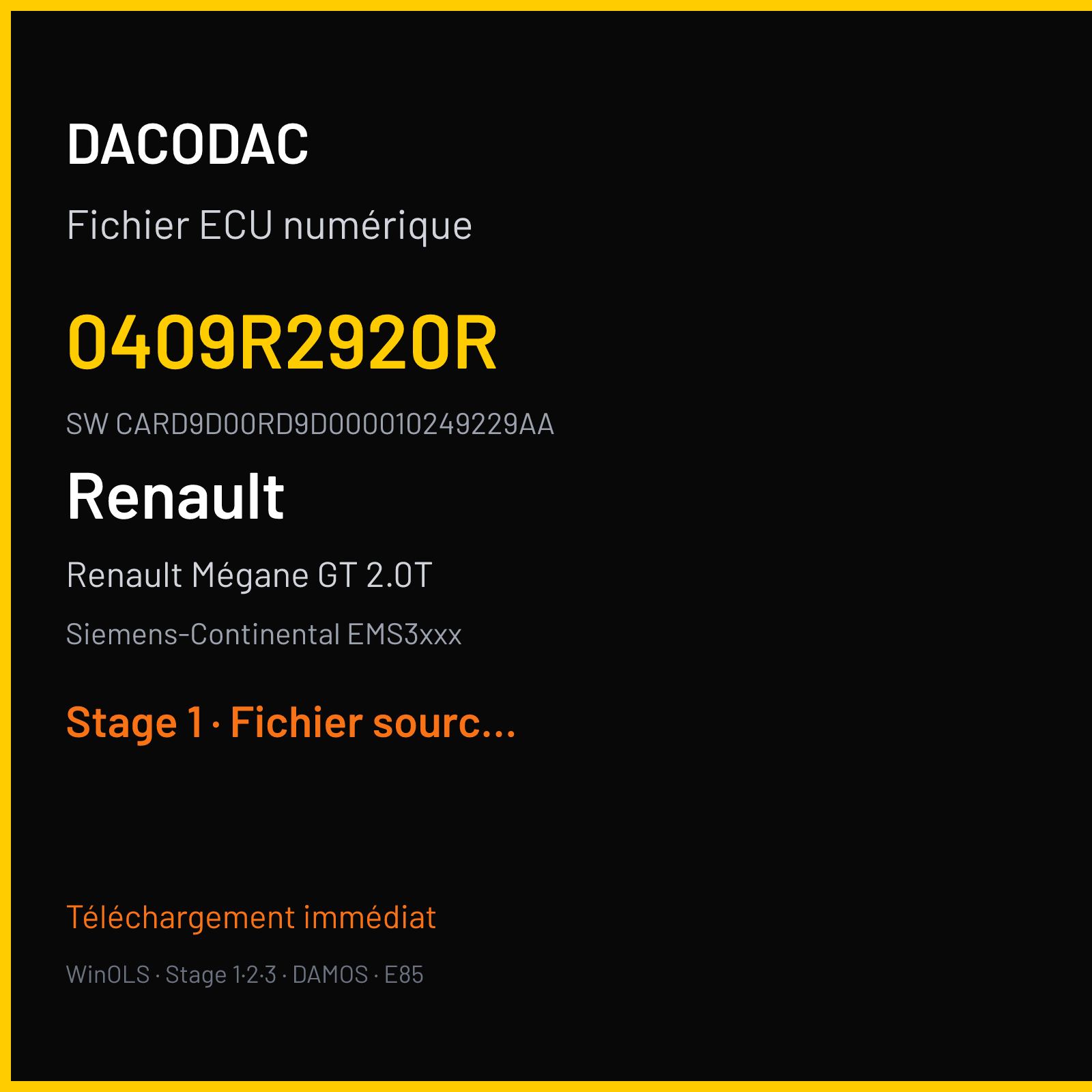 Renault Mégane GT 2.0T 220 ch (2014) — Siemens-Continental EMS3xxx — 0409R2920R · CARD9D00RD9D000010249229AA · RD9A2D0000000 — Stage 1