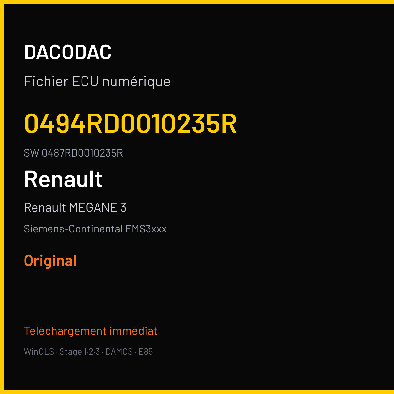 Renault MEGANE 3 138 ch — Siemens-Continental EMS3xxx — 0494RD0010235R · 0487RD0010235R · RD95569800000 — Original