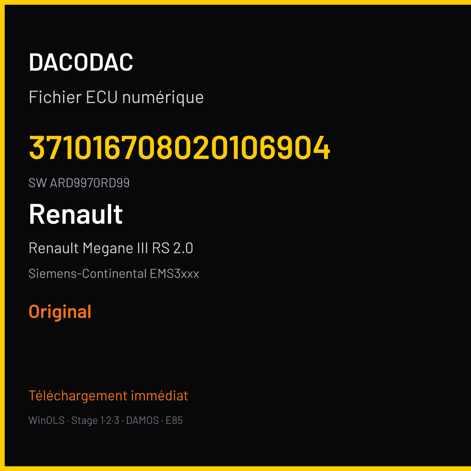 Renault Megane III RS 2.0 250 ch (2010) — Siemens-Continental EMS3xxx — 371016708020106904 · ARD9970RD99 · RD9A197000000 — Original
