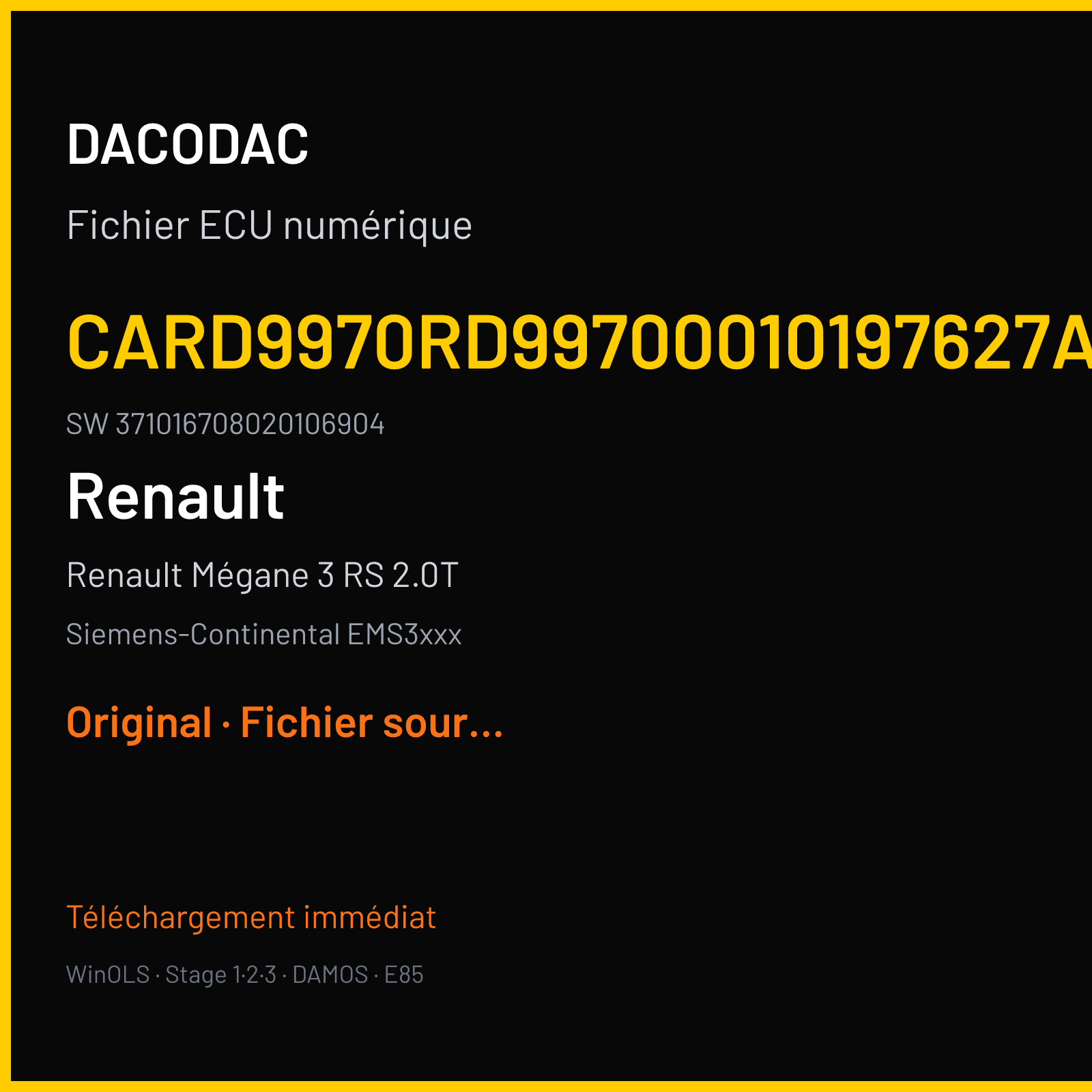 Renault Mégane 3 RS 2.0T 250 ch (2011) — Siemens-Continental EMS3xxx — CARD9970RD99700010197627AA · 371016708020106904 · RD9A197000000 — Original