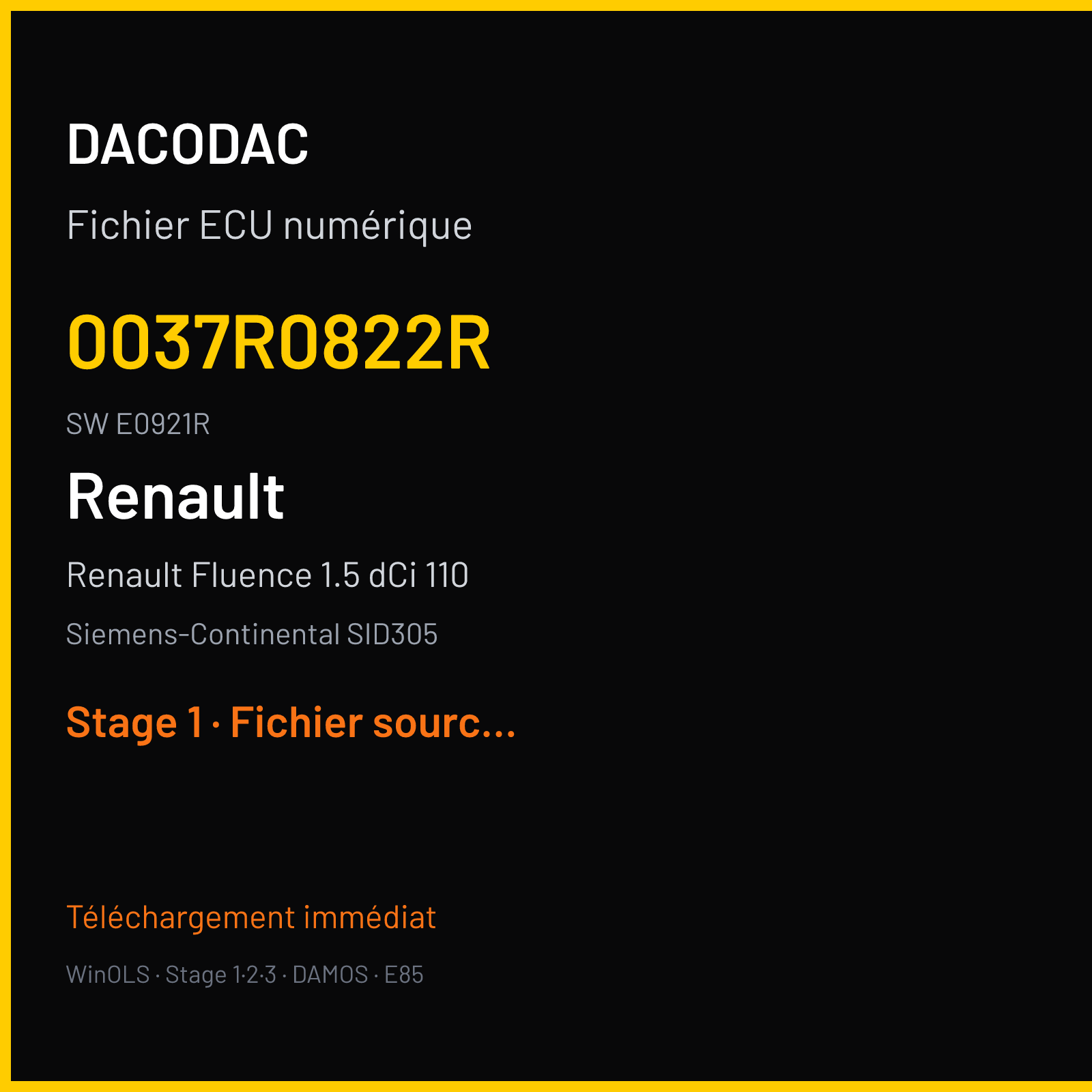 Renault Fluence 1.5 dCi 110 110 ch (2012) — Siemens-Continental SID305 — 0037R0822R · E0921R · RM62098000000 — Stage 1