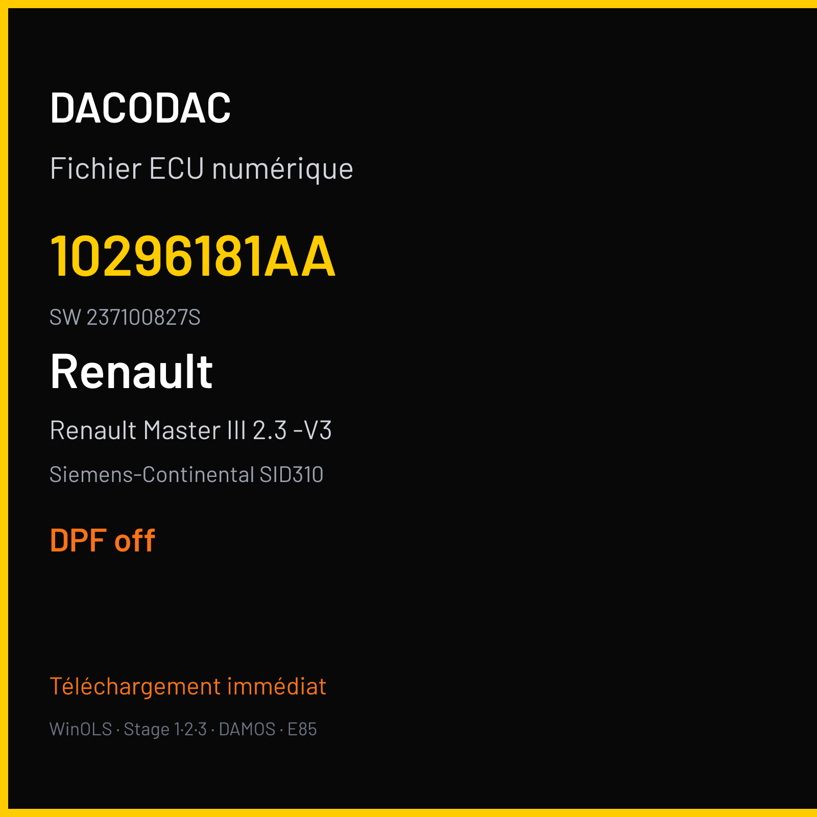 Renault Master III 2.3 -V3 170 ch (2014) — Siemens-Continental SID310 — 10296181AA · 237100827S · 27AFHJ — DPF off