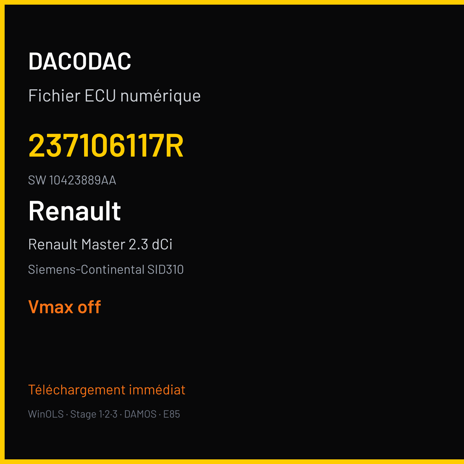 Renault Master 2.3 dCi 163 ch (2021) — Siemens-Continental SID310 — 237106117R · 10423889AA · RFZRFE429V000000 — VMAX off