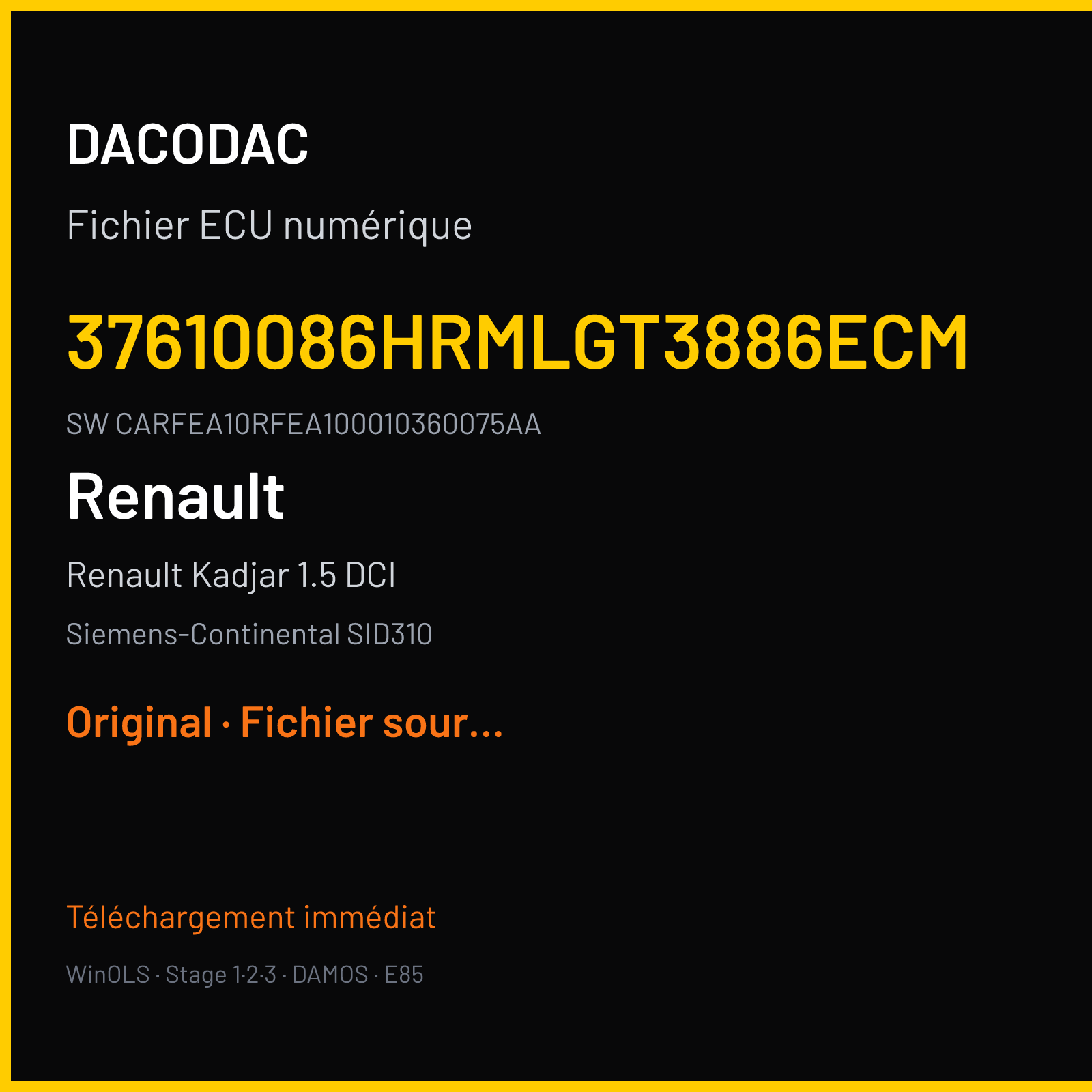 Renault Kadjar 1.5 DCI 110 ch — Siemens-Continental SID310 — 37610086HRMLGT3886ECM · CARFEA10RFEA100010360075AA — Original